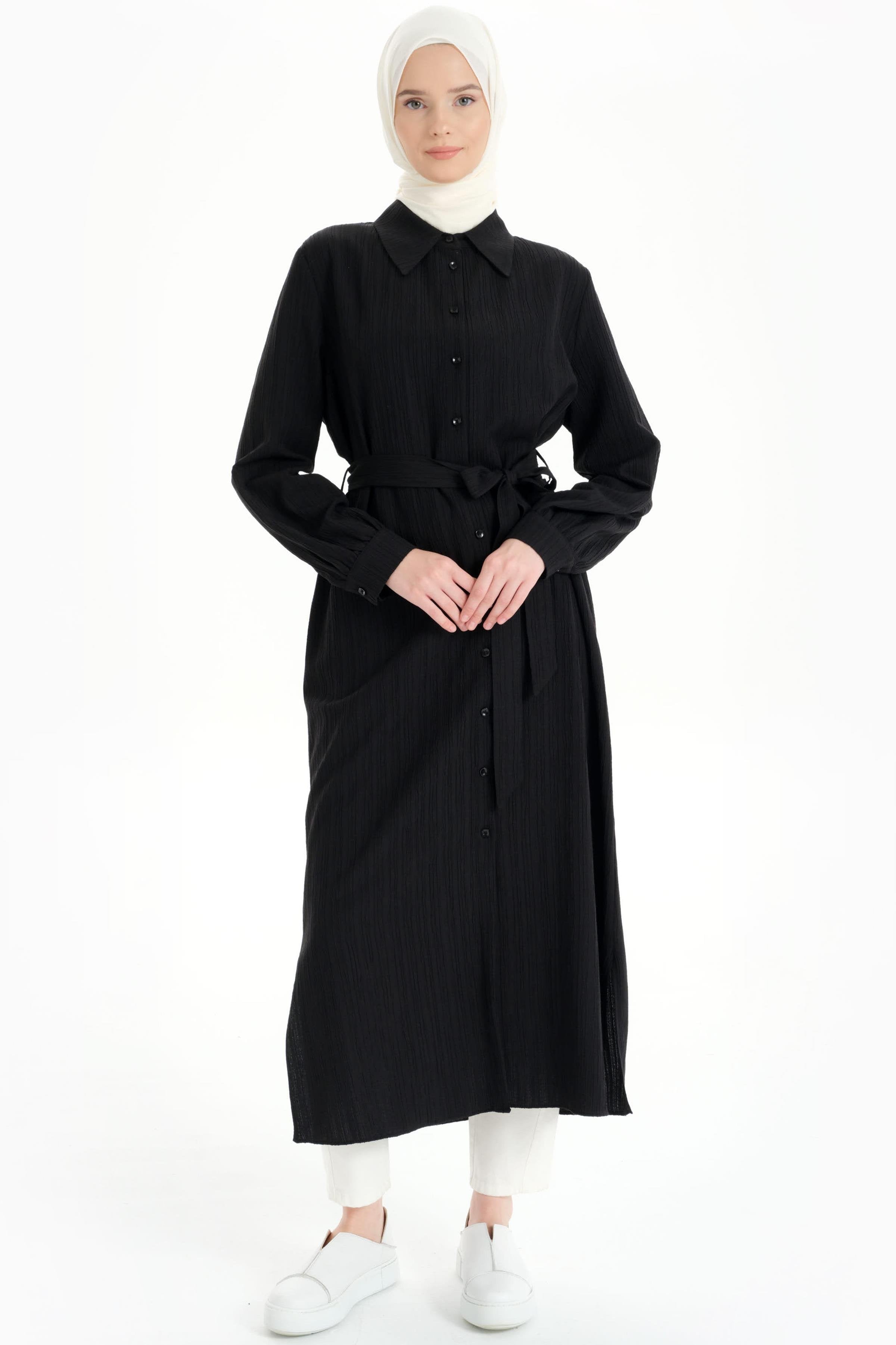 Bel Kuşaklı Uzun Tunik - Siyah TUGBA