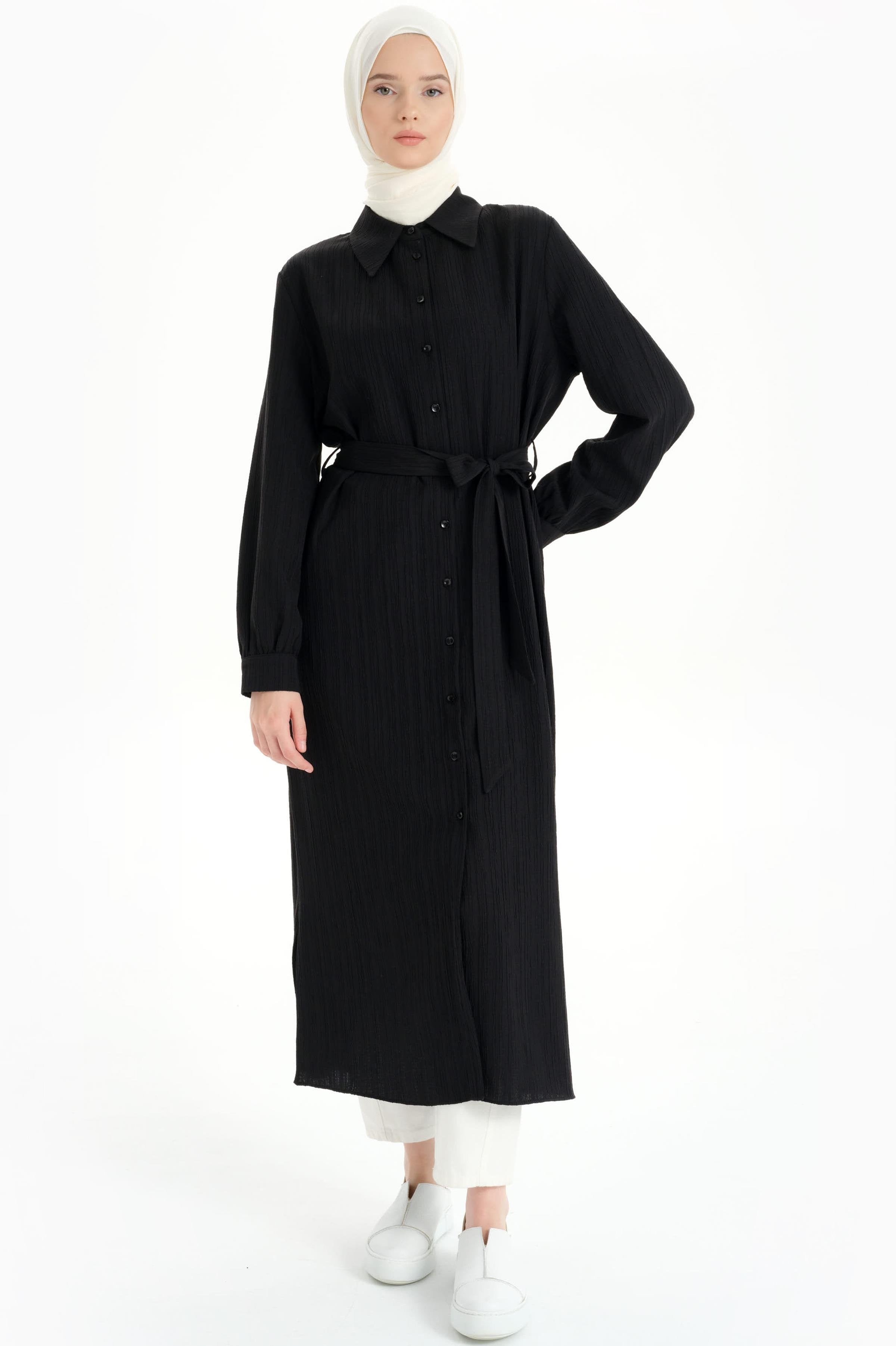 Bel Kuşaklı Uzun Tunik - Siyah TUGBA