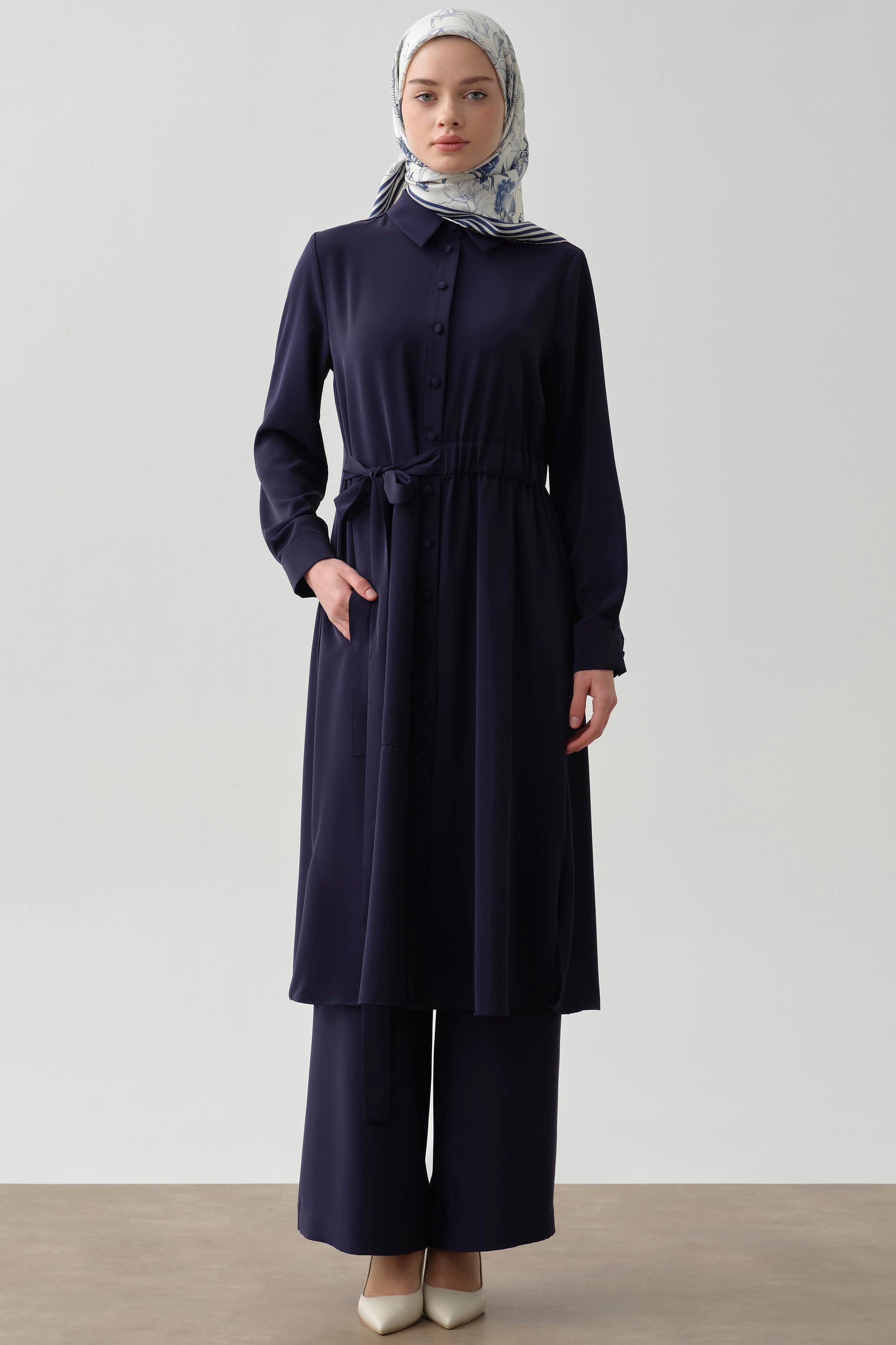 Bel Lastik Bağlamalı Tunik - Lacivert TUGBA