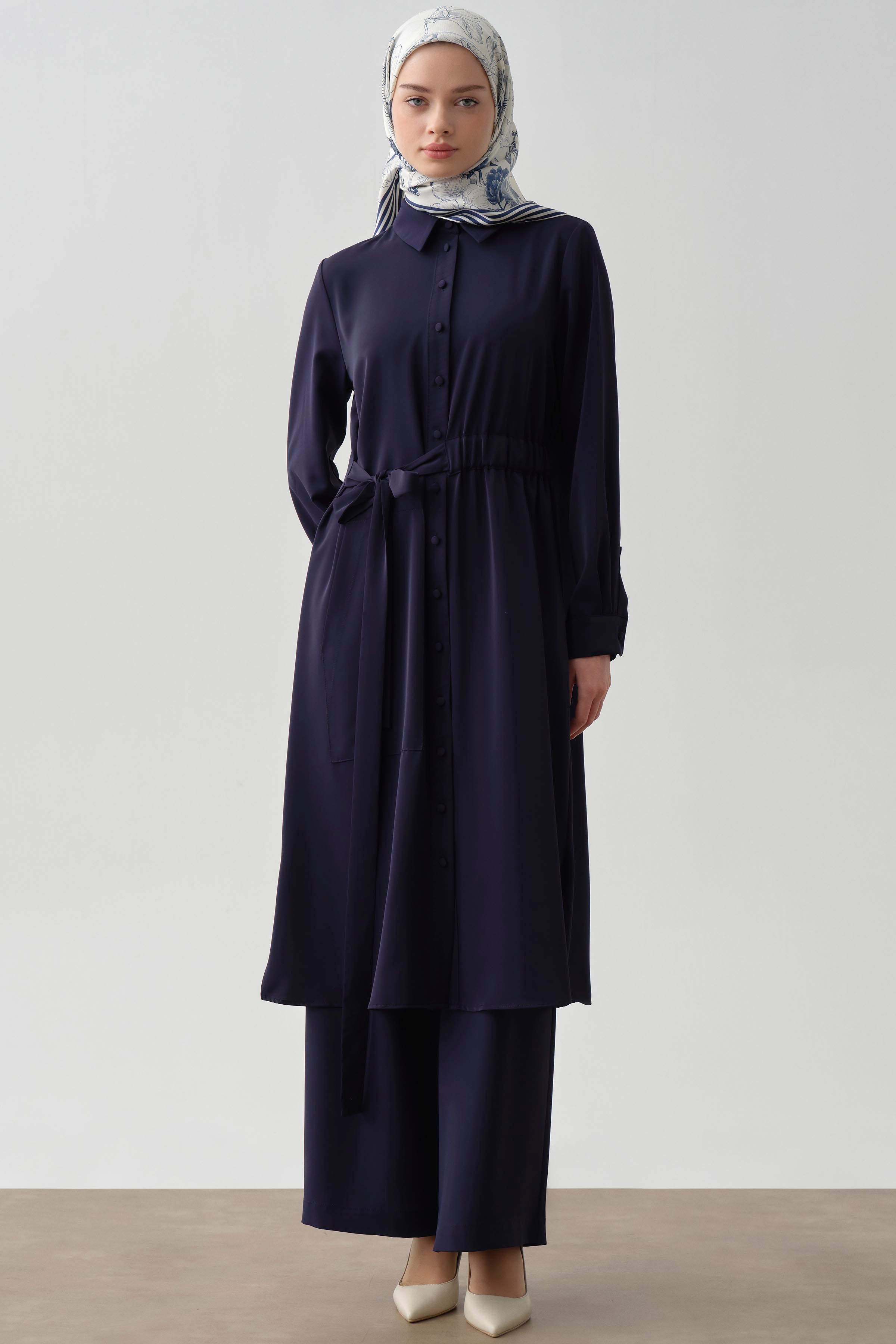 Bel Lastik Bağlamalı Tunik - Lacivert TUGBA