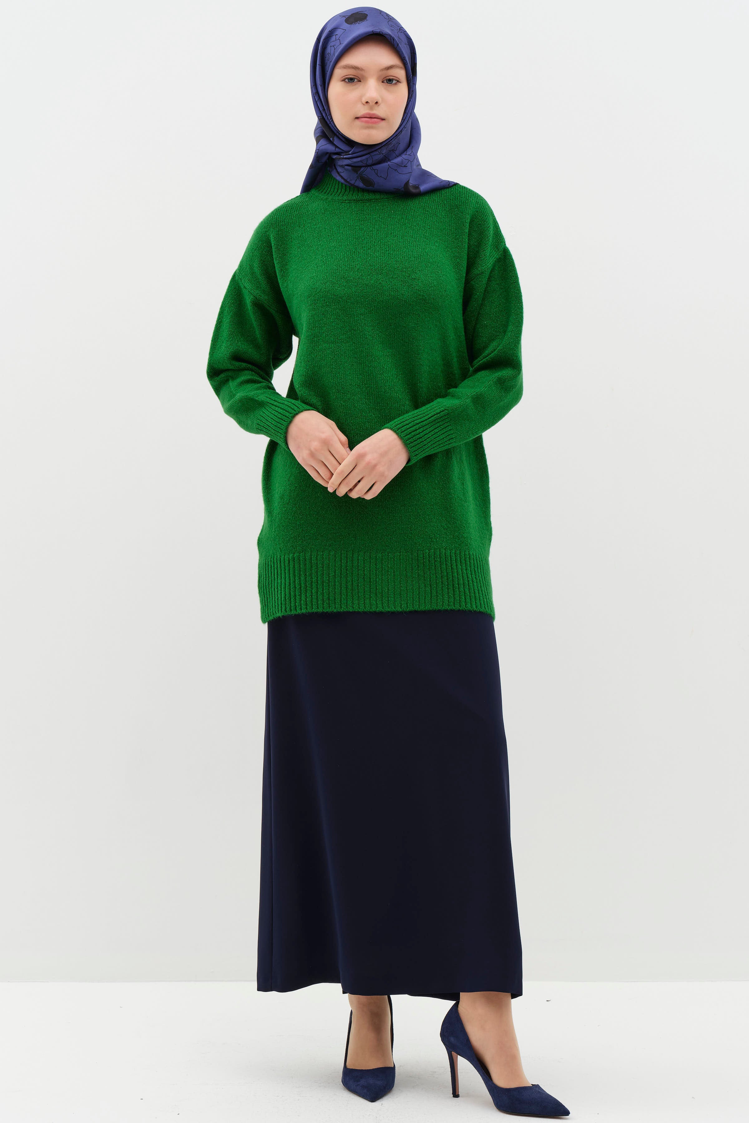 Bel Lastik Detaylı Pilikaşeli Kalem Etek - Lacivert TUGBA