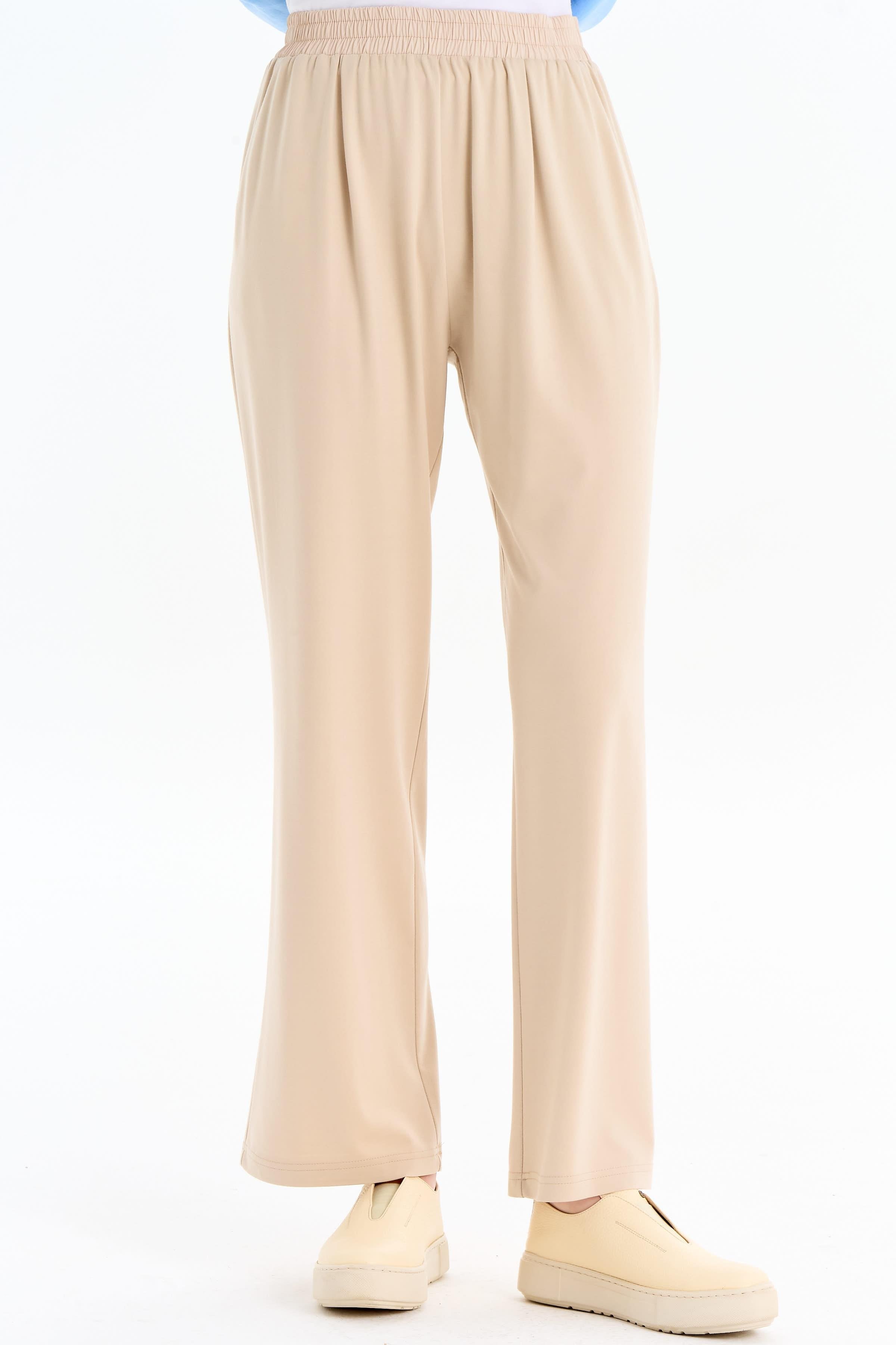 Bel Lastikli Bol Paça Pantolon - Bej TUGBA