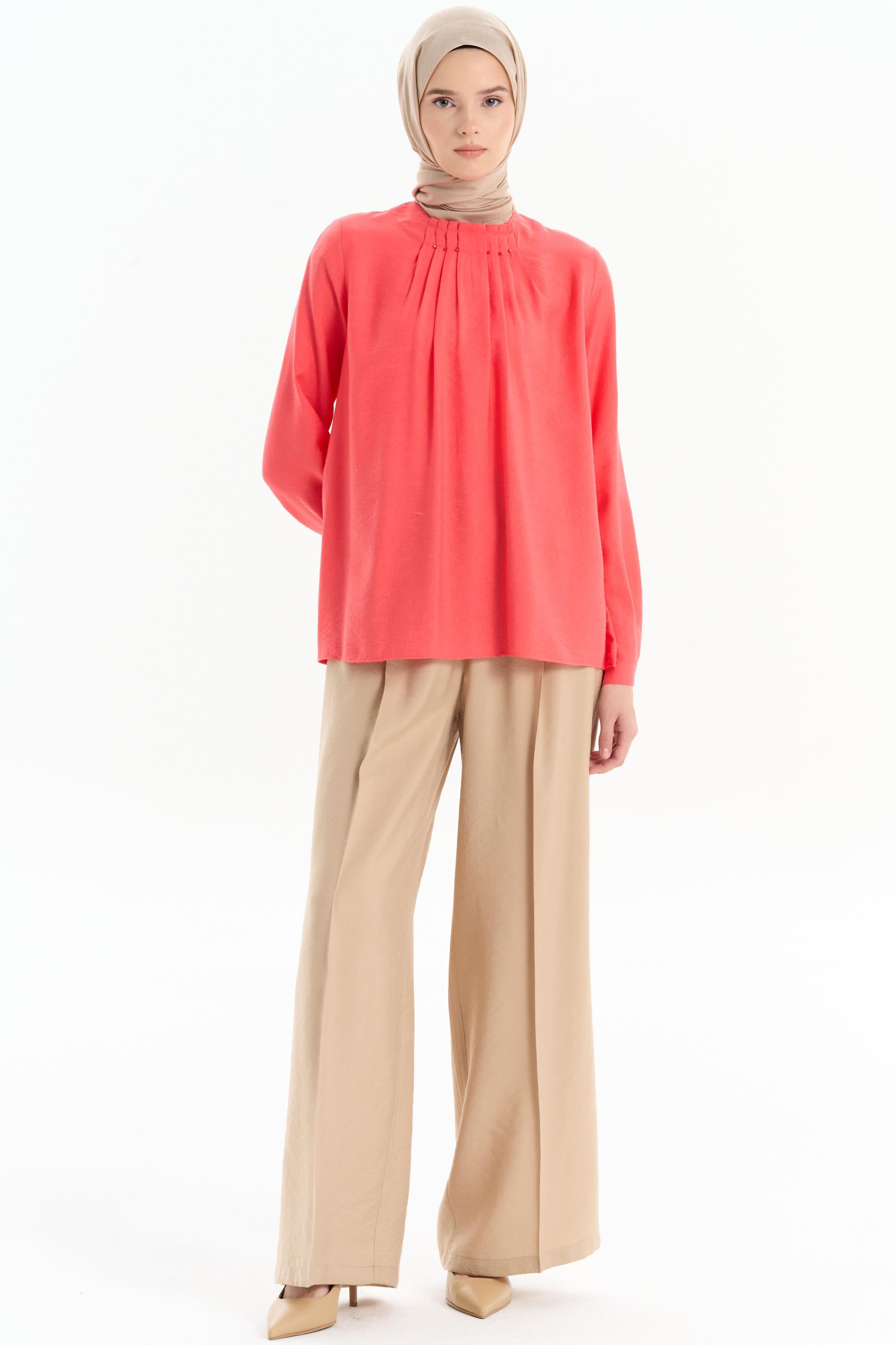 Bel Lastikli Bol Paça Pantolon - Bej TUGBA