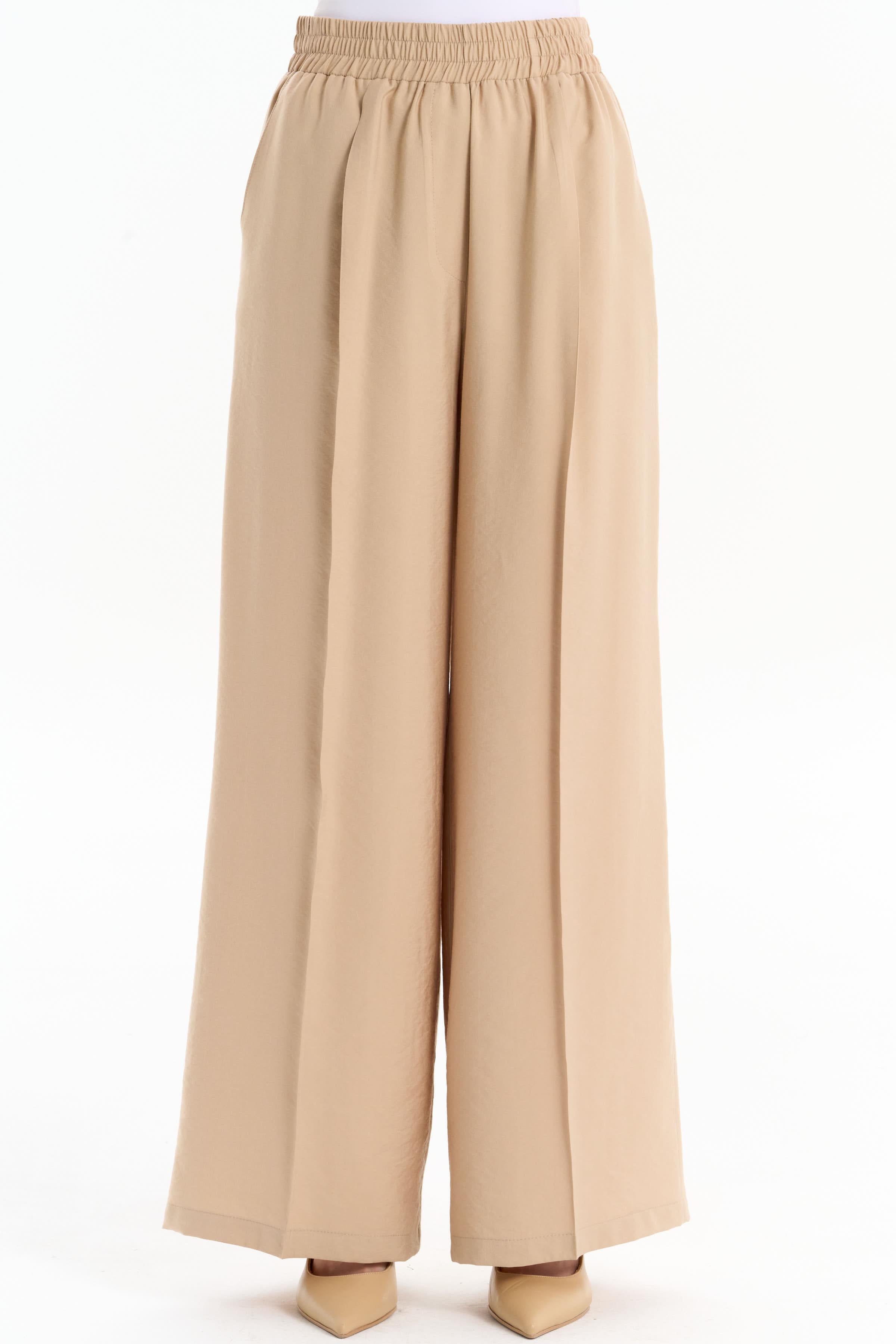 Bel Lastikli Bol Paça Pantolon - Bej TUGBA