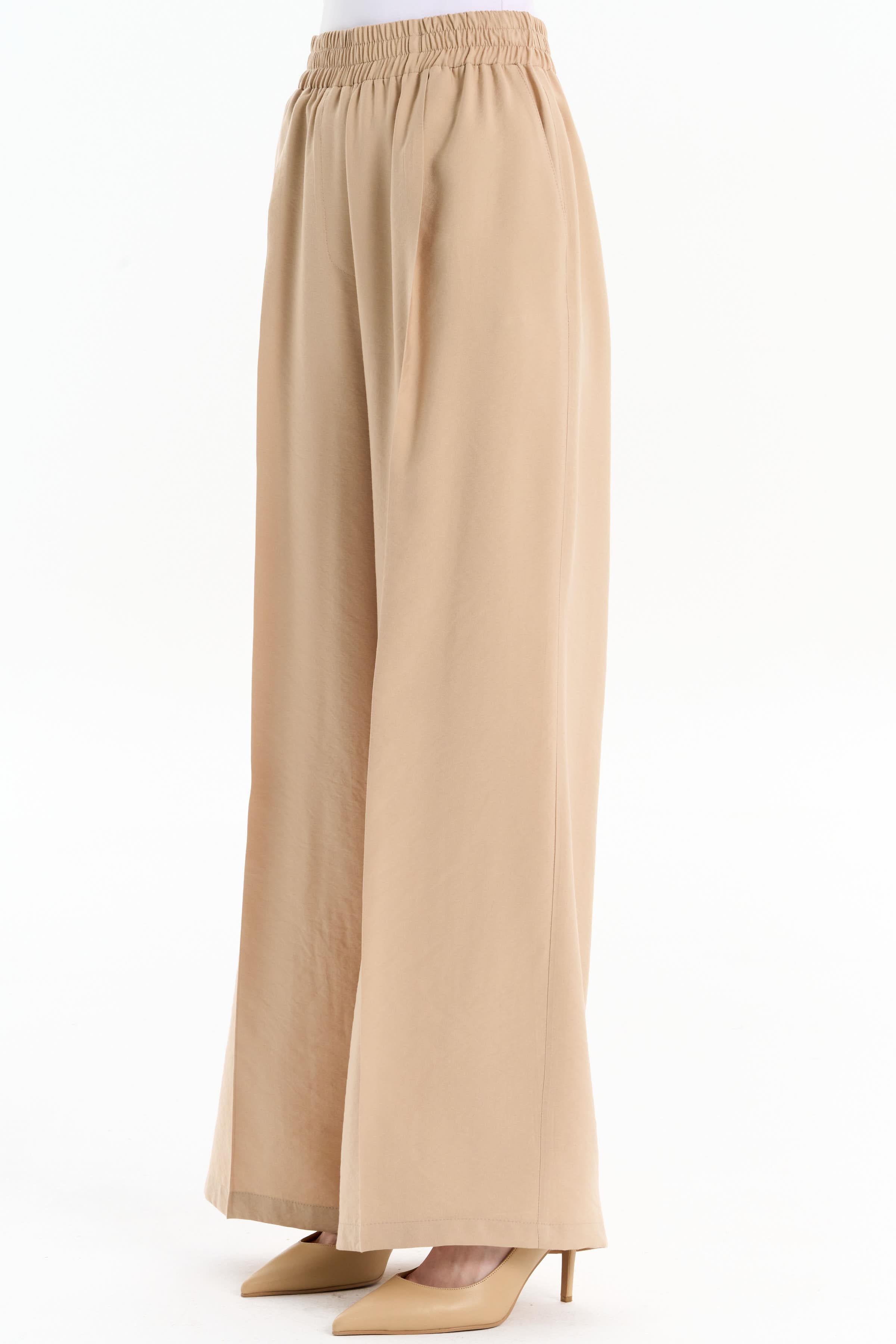 Bel Lastikli Bol Paça Pantolon - Bej TUGBA