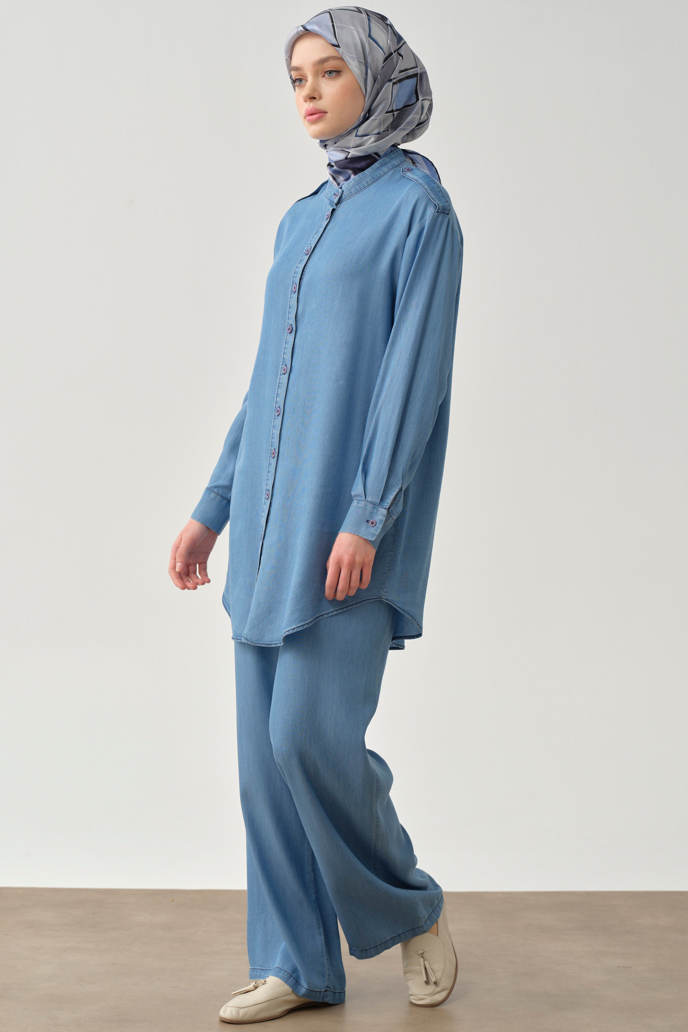 Bel Lastikli Bol Paça Pantolon - İndigo TUGBA