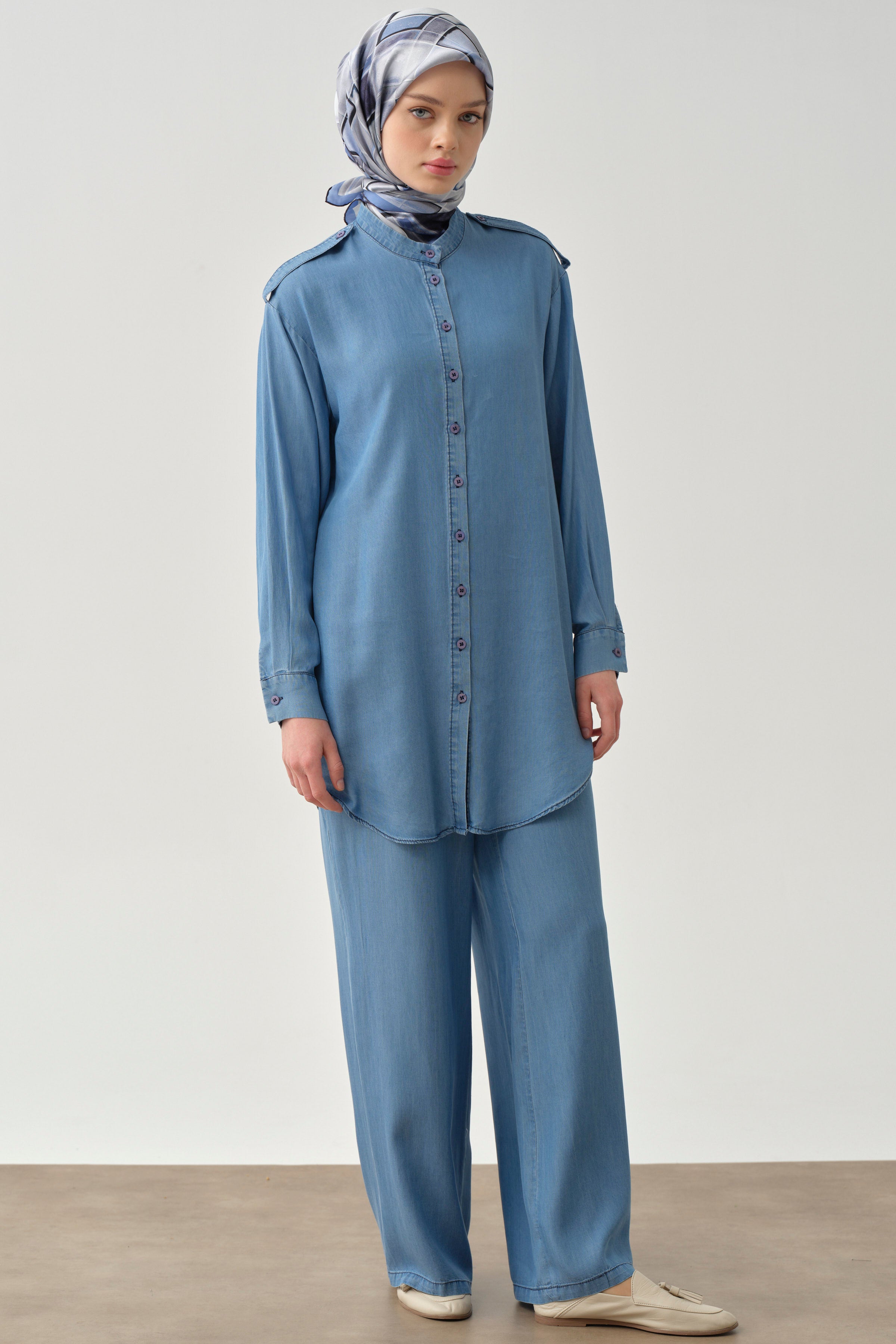 Bel Lastikli Bol Paça Pantolon - İndigo TUGBA