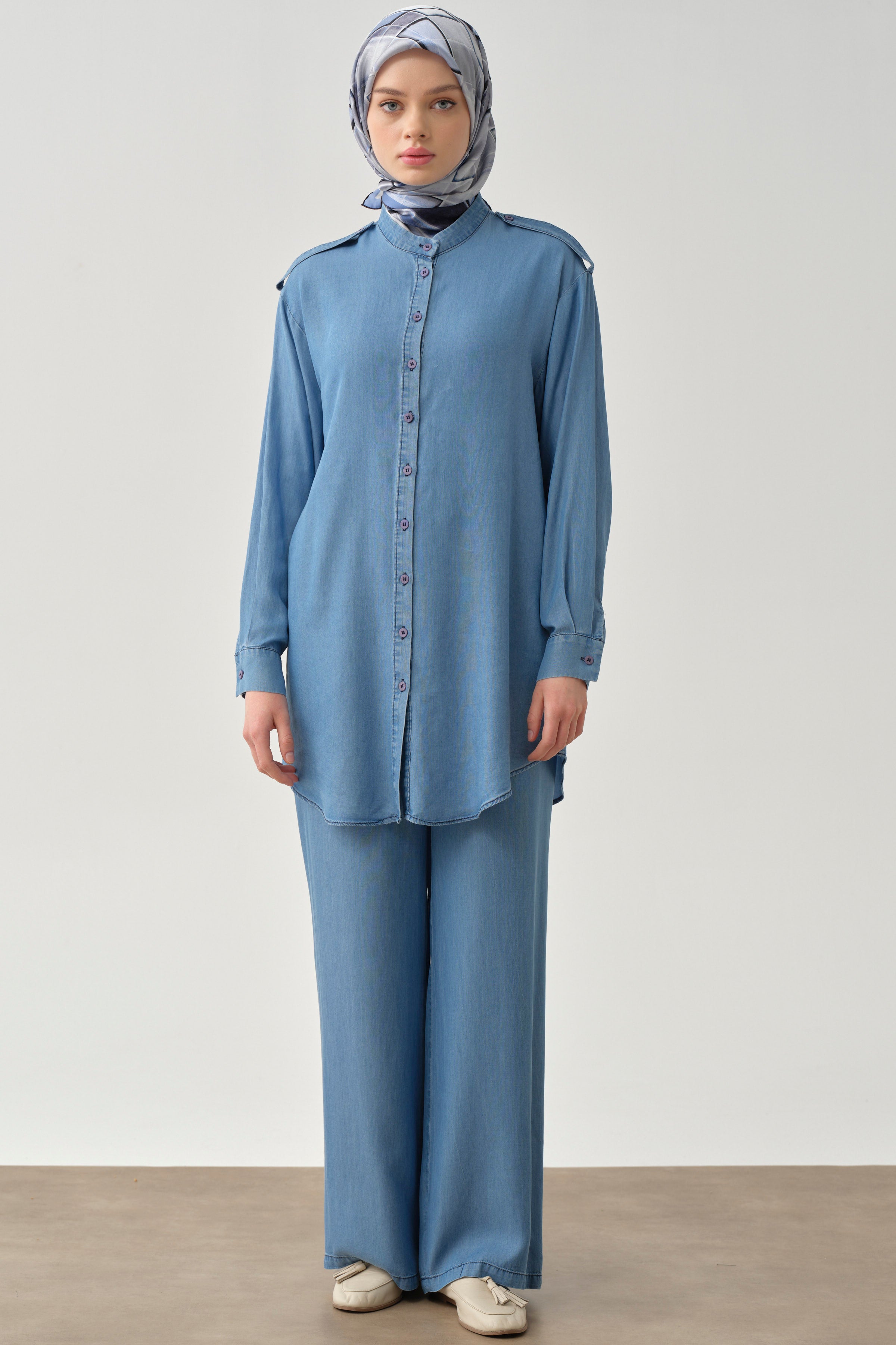 Bel Lastikli Bol Paça Pantolon - İndigo TUGBA