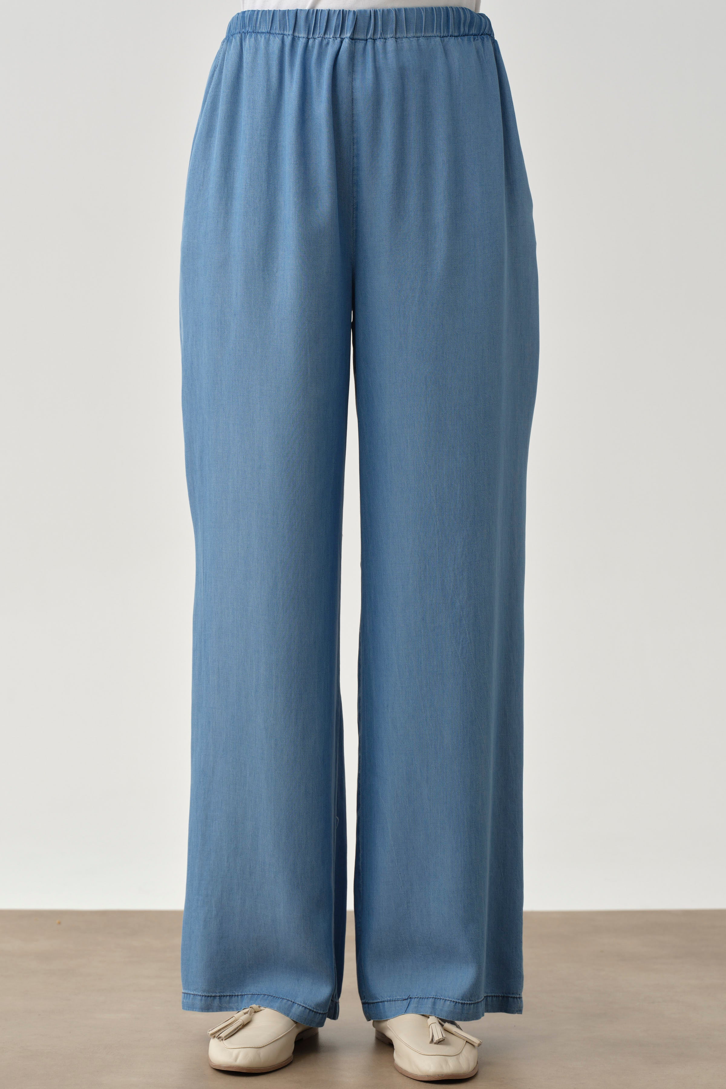 Bel Lastikli Bol Paça Pantolon - İndigo TUGBA