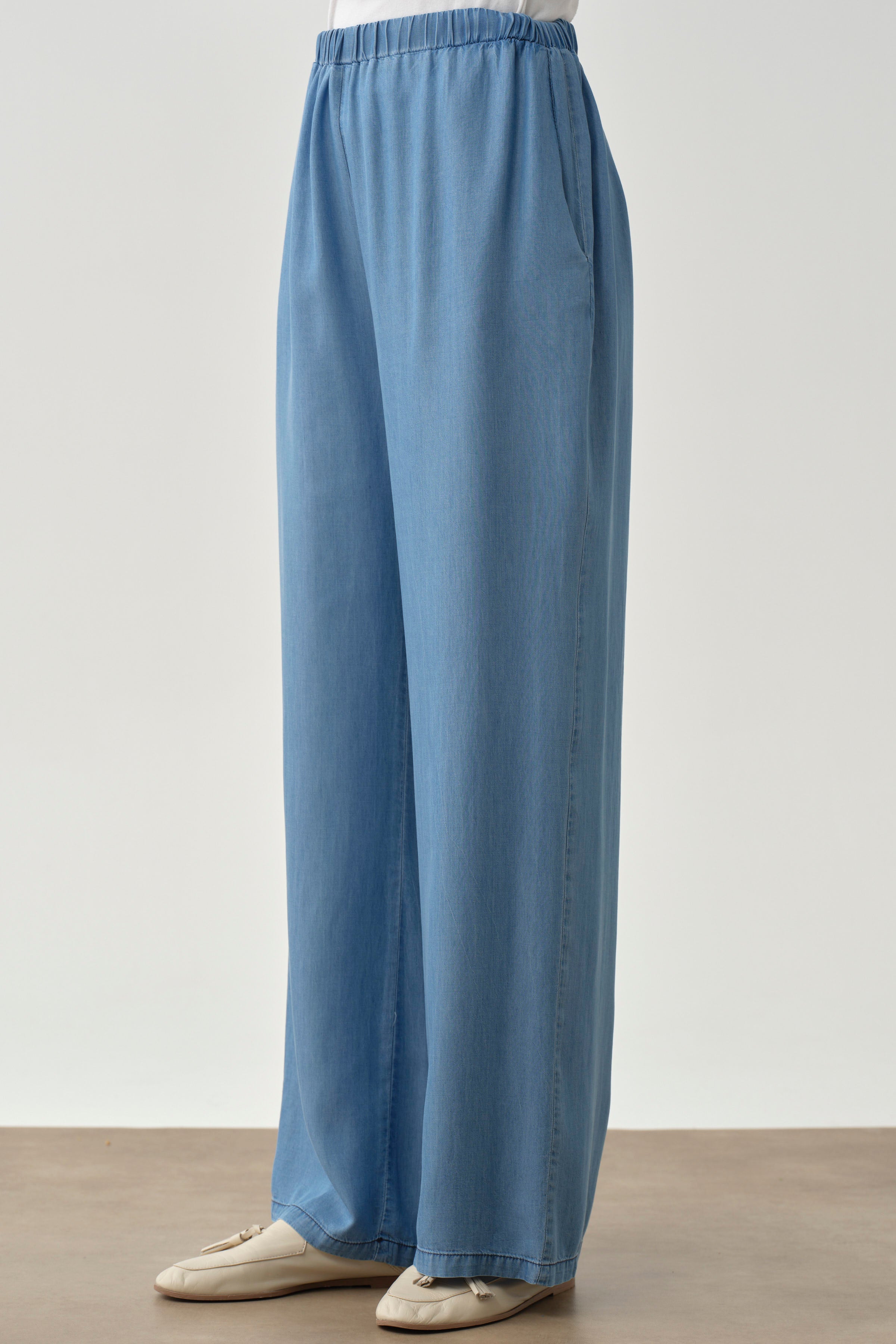 Bel Lastikli Bol Paça Pantolon - İndigo TUGBA