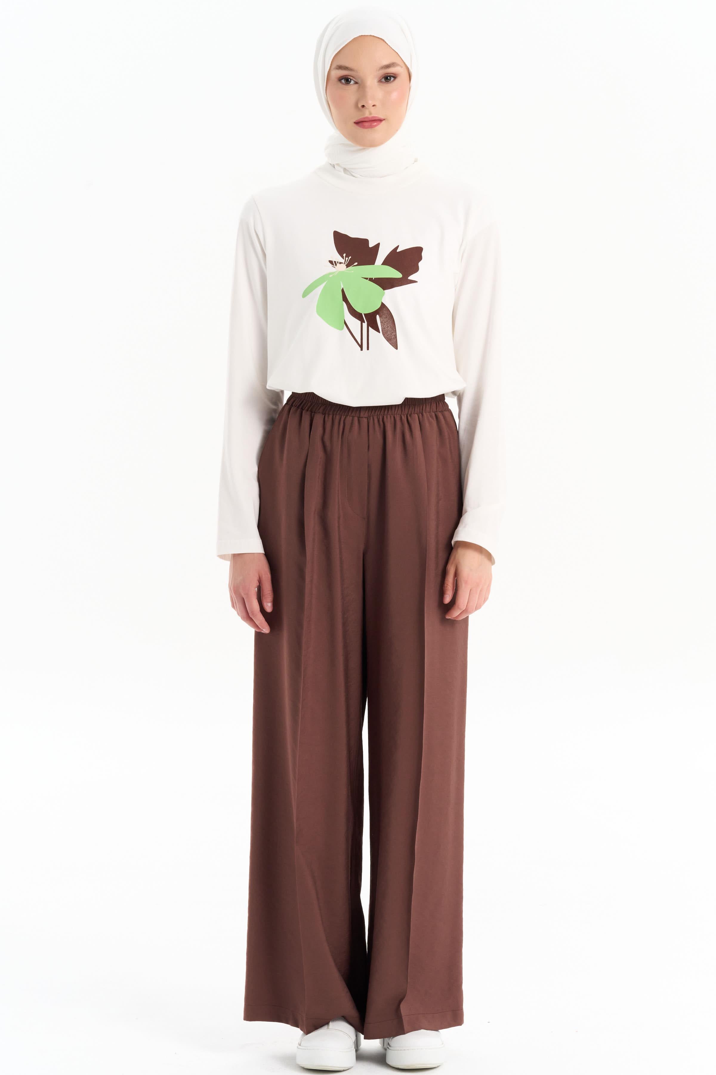 Bel Lastikli Bol Paça Pantolon - Kahve TUGBA