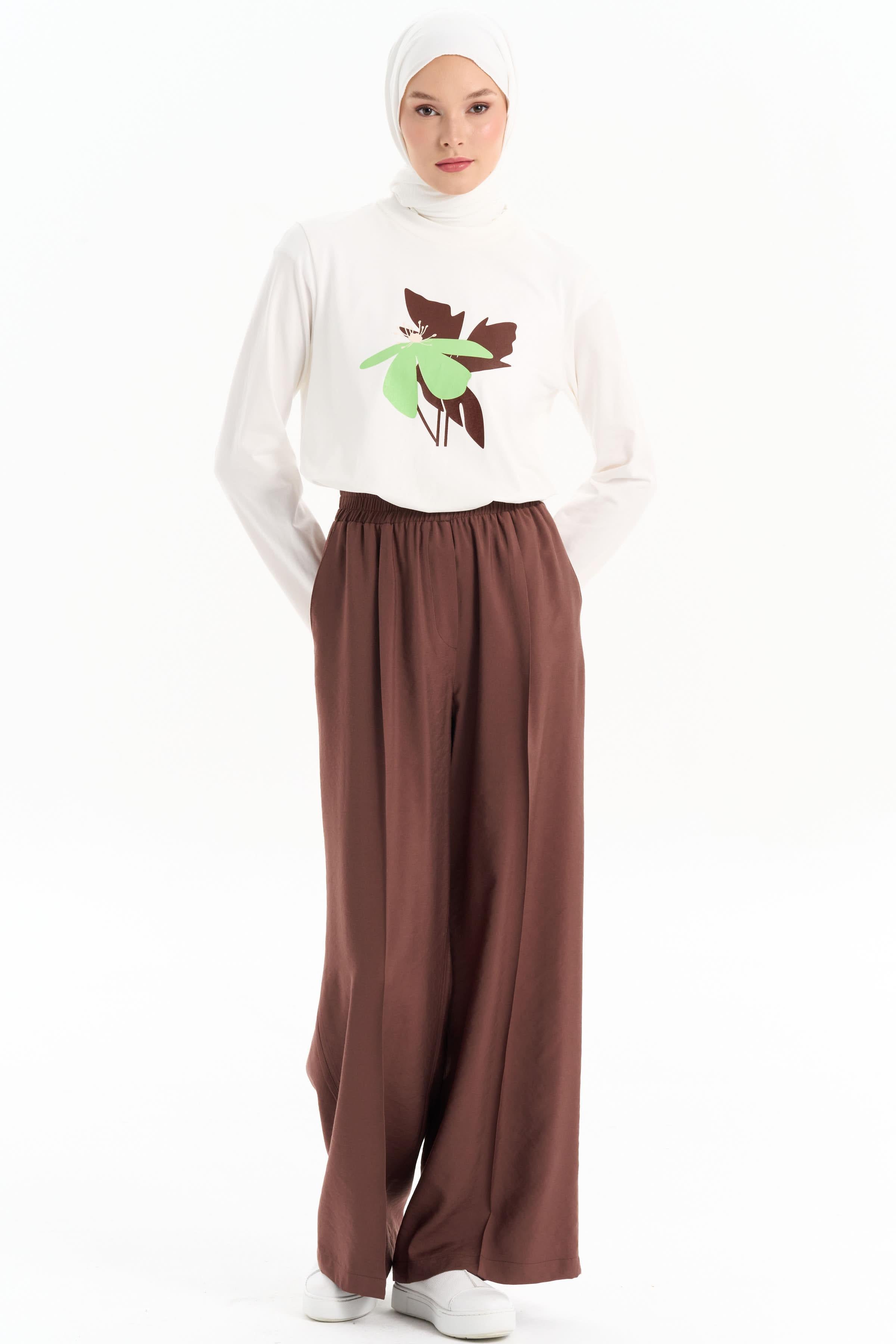 Bel Lastikli Bol Paça Pantolon - Kahve TUGBA