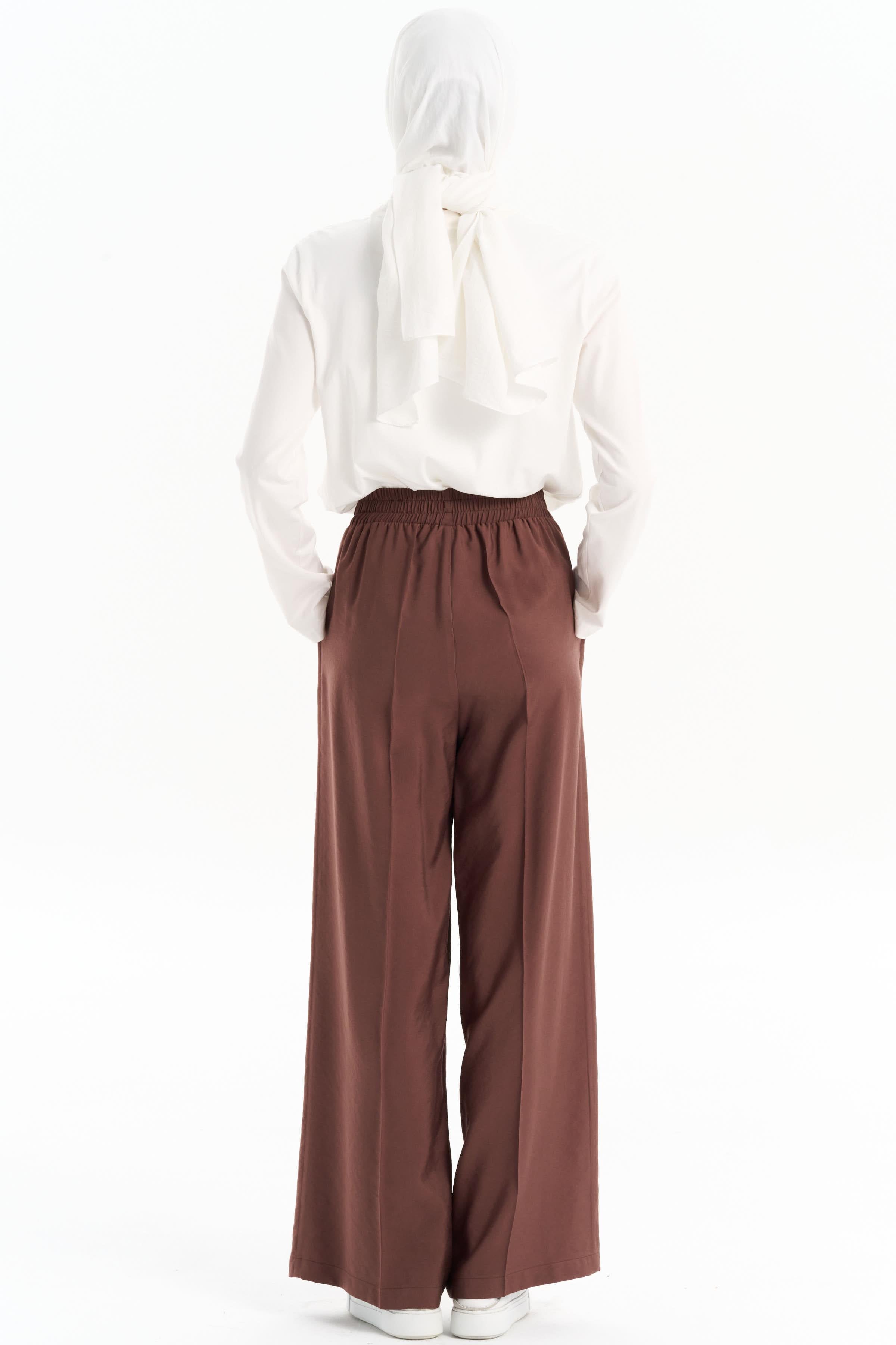 Bel Lastikli Bol Paça Pantolon - Kahve TUGBA