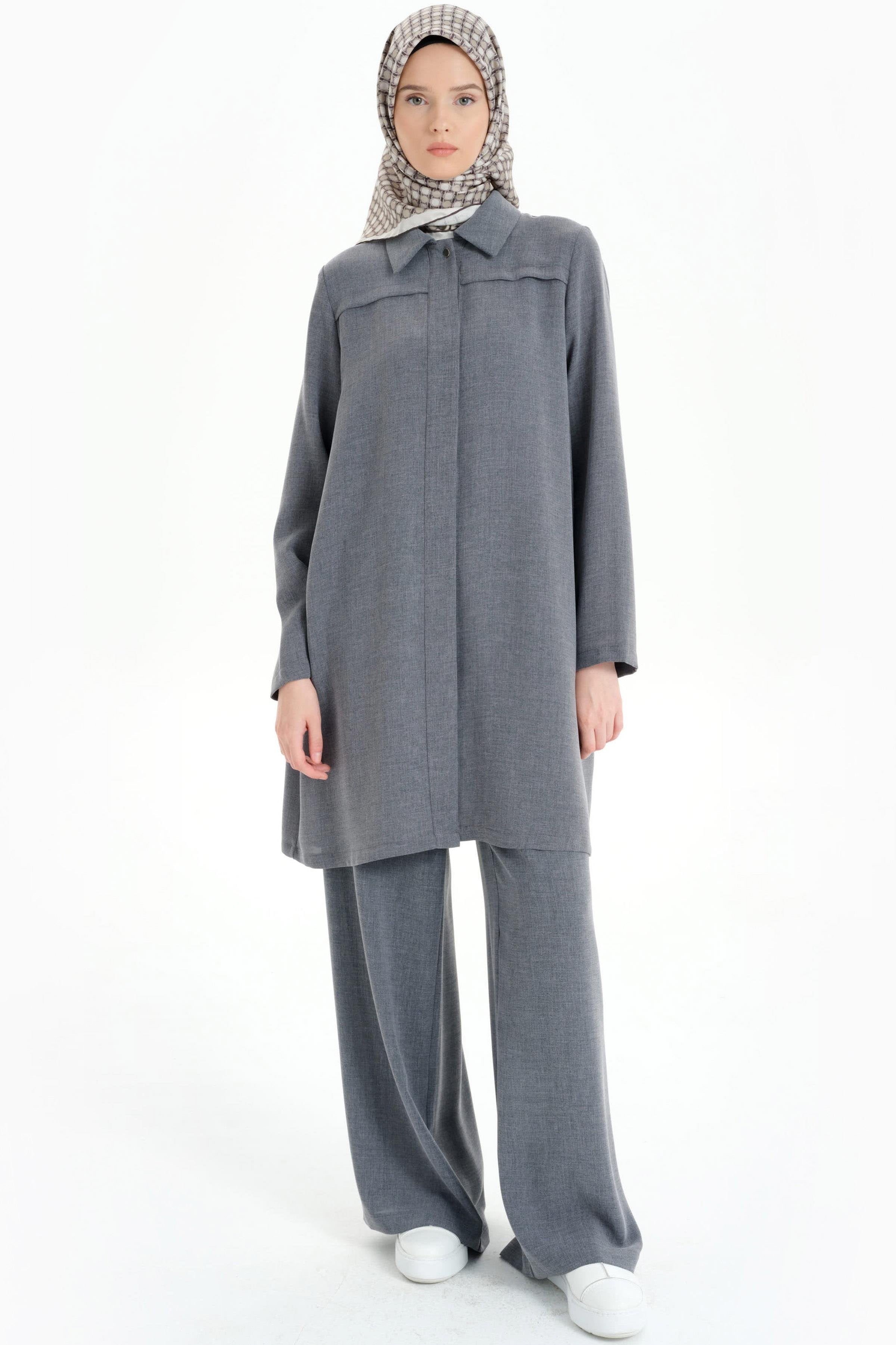 Bel Lastikli Bol Paça Pantolon - Koyu Gri TUGBA