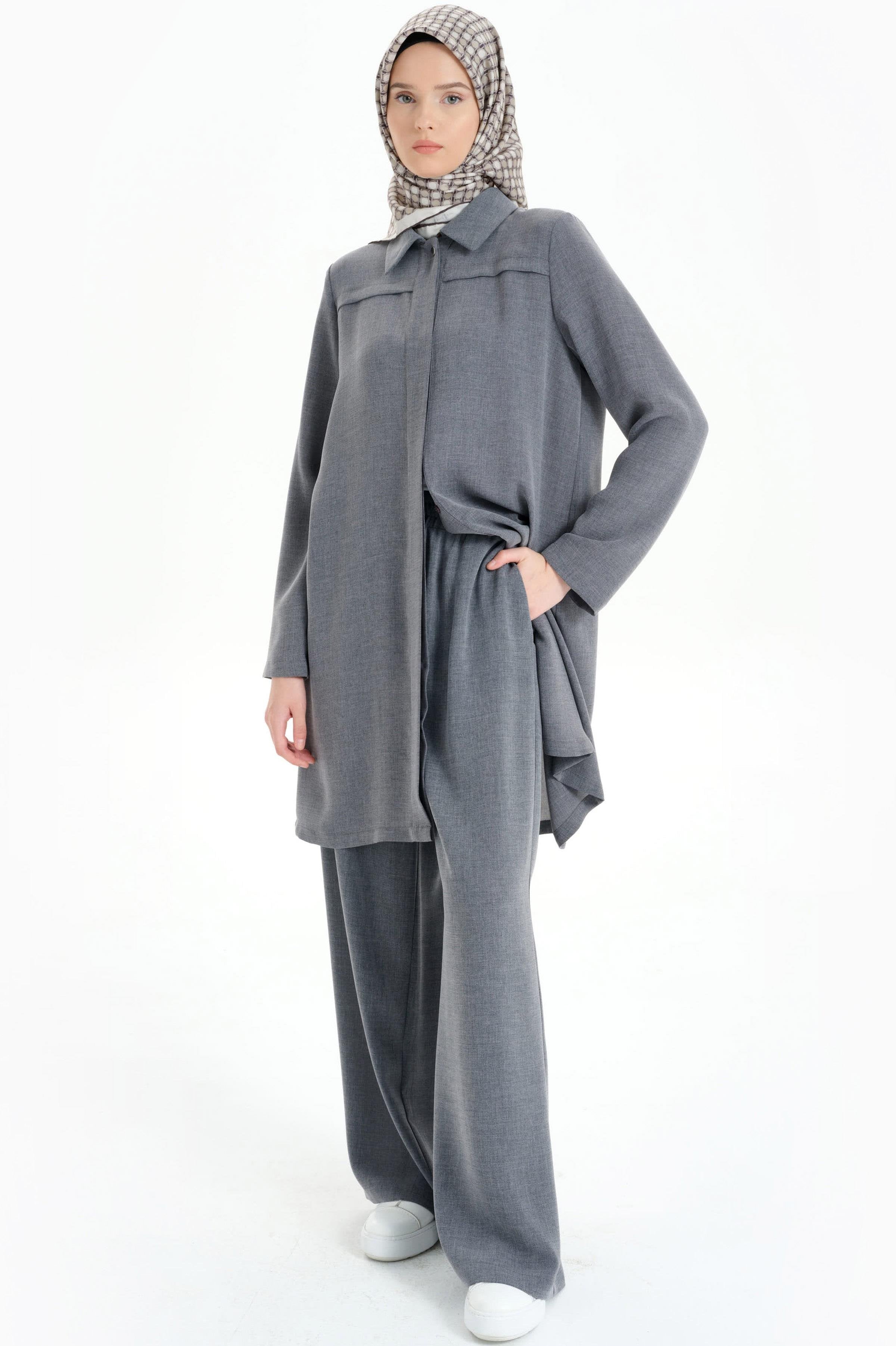 Bel Lastikli Bol Paça Pantolon - Koyu Gri TUGBA