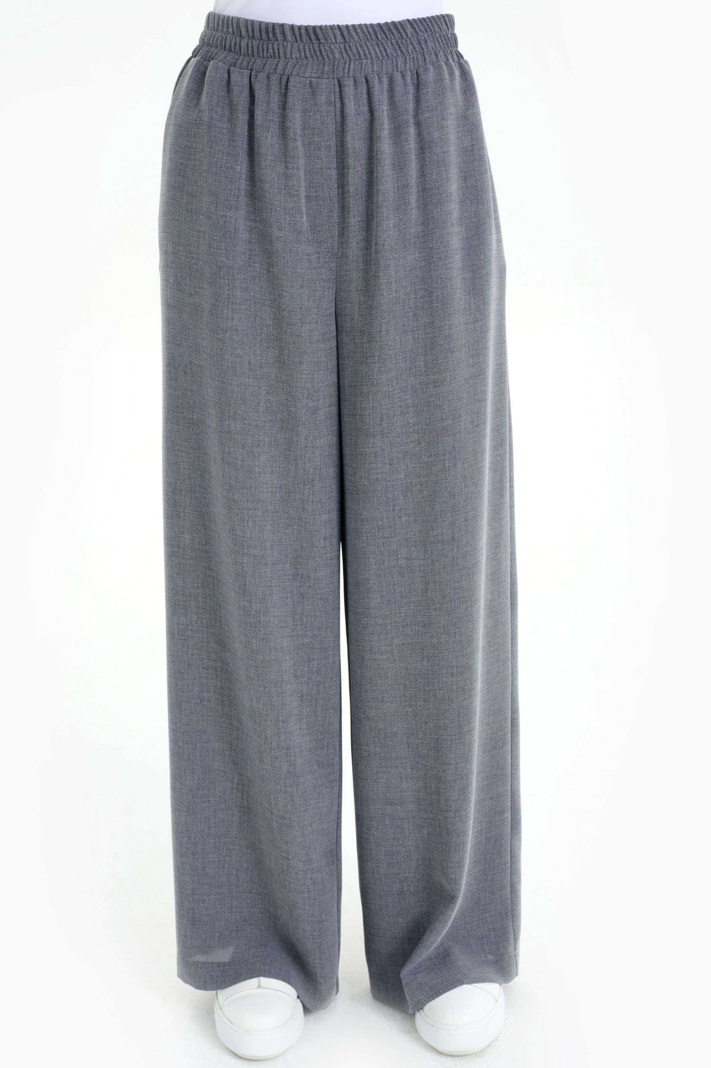 Bel Lastikli Bol Paça Pantolon - Koyu Gri TUGBA