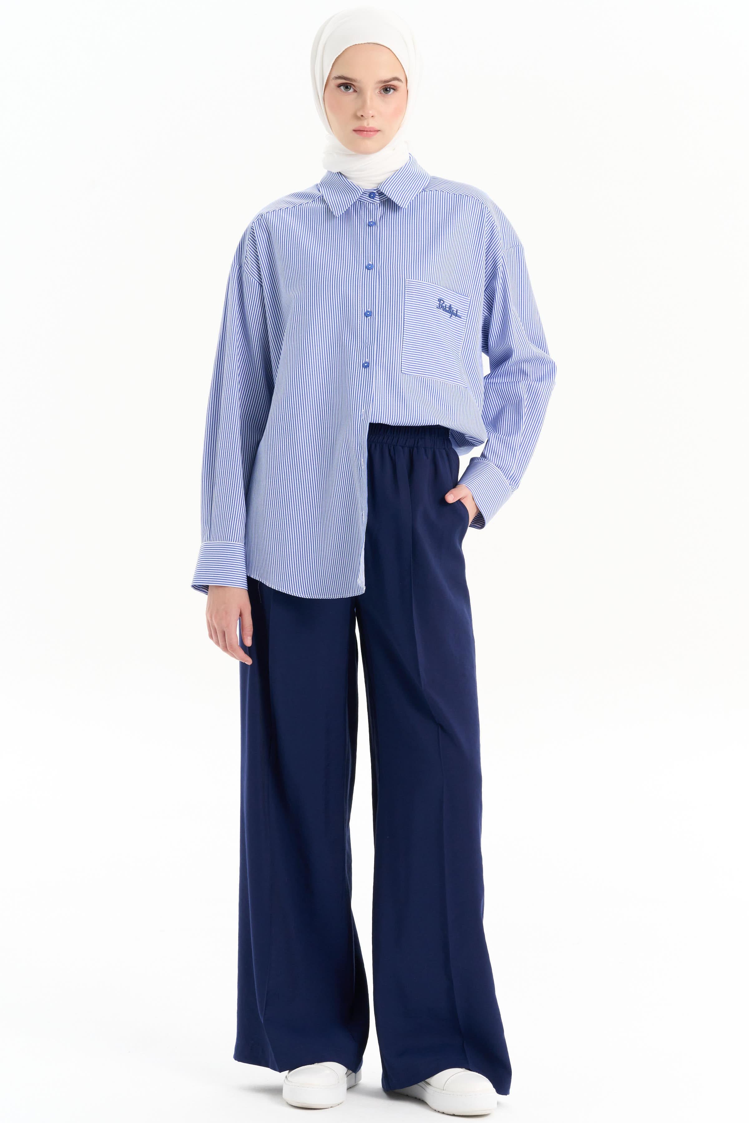 Bel Lastikli Bol Paça Pantolon - Lacivert TUGBA