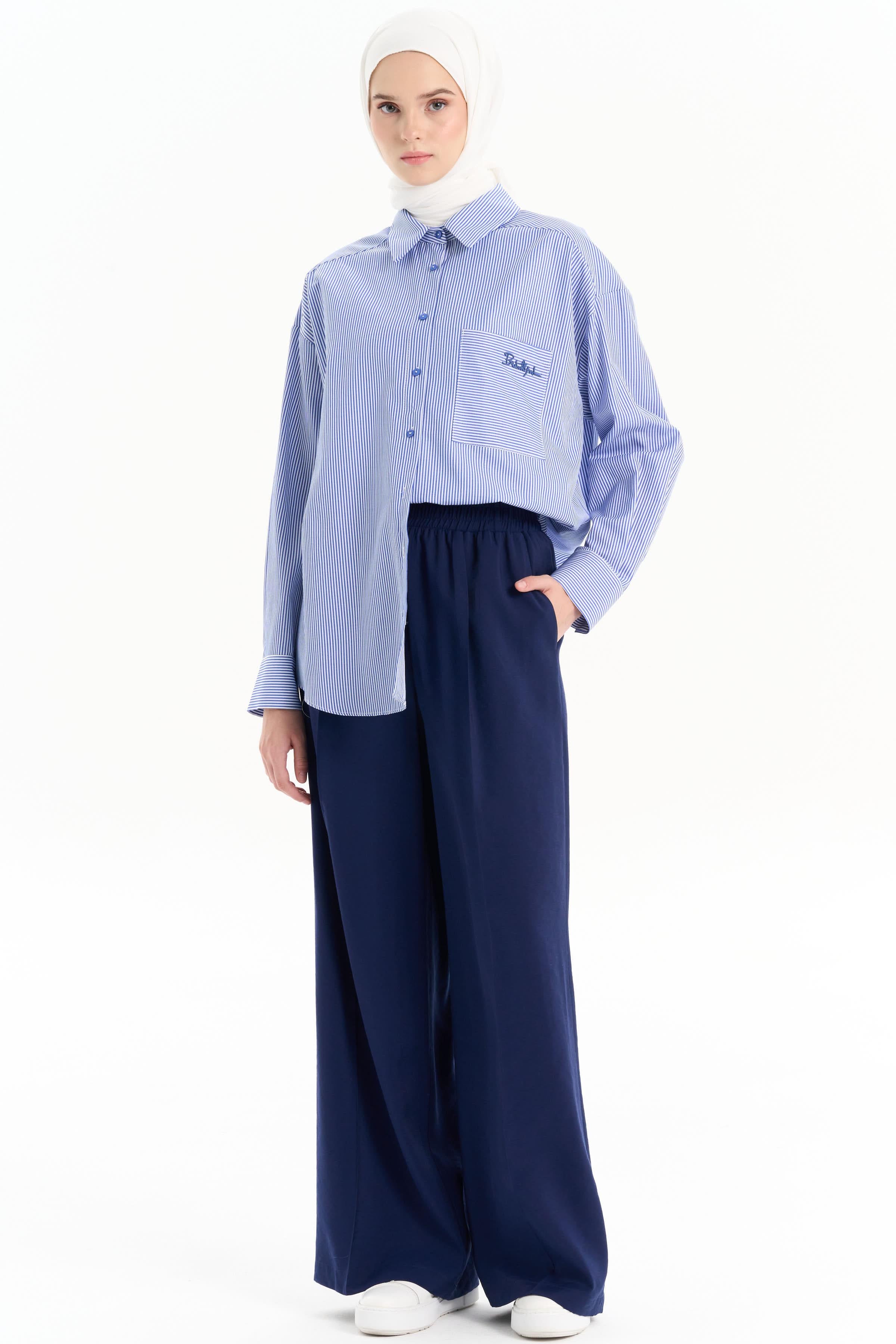 Bel Lastikli Bol Paça Pantolon - Lacivert TUGBA