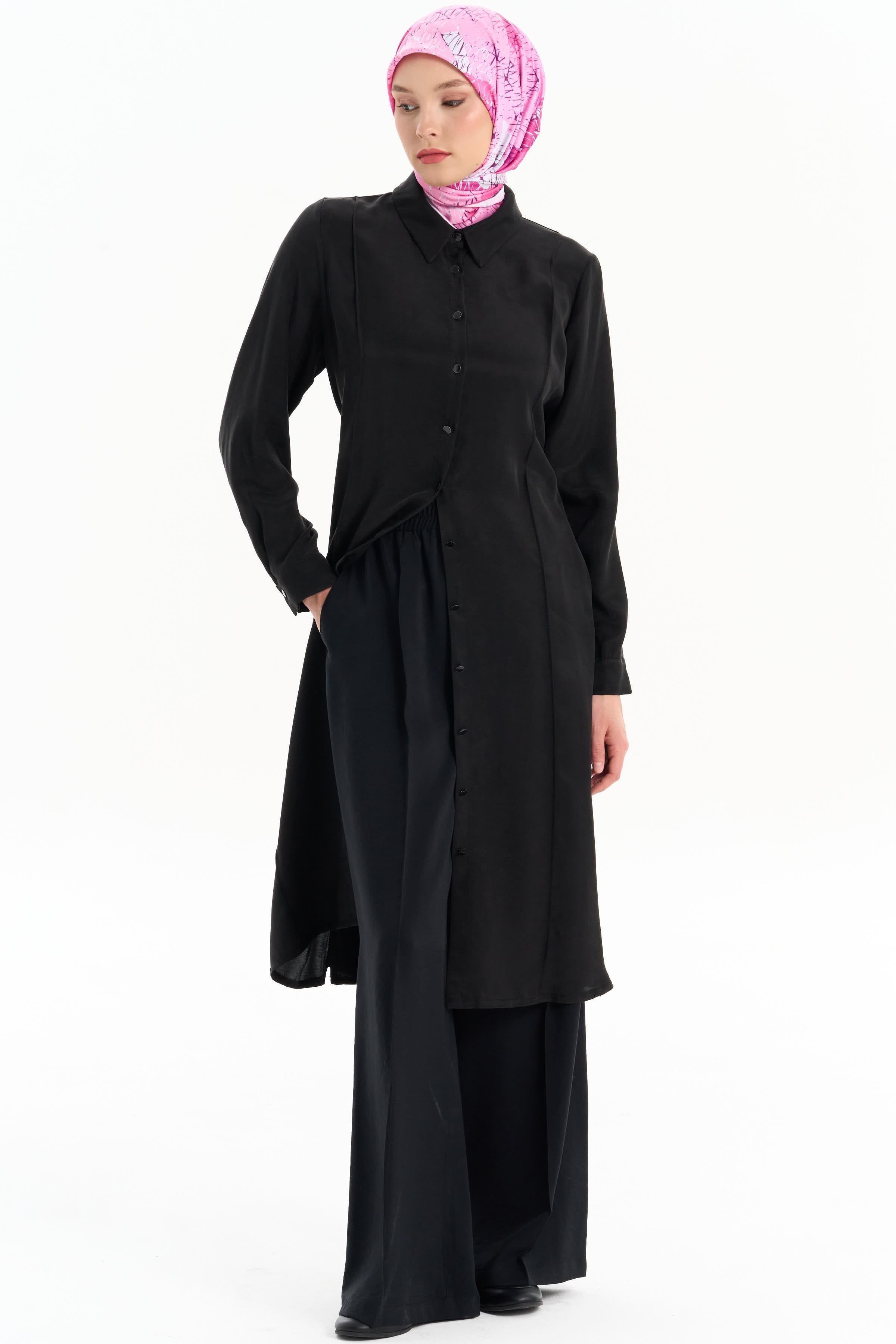 Bel Lastikli Bol Paça Pantolon - Siyah TUGBA