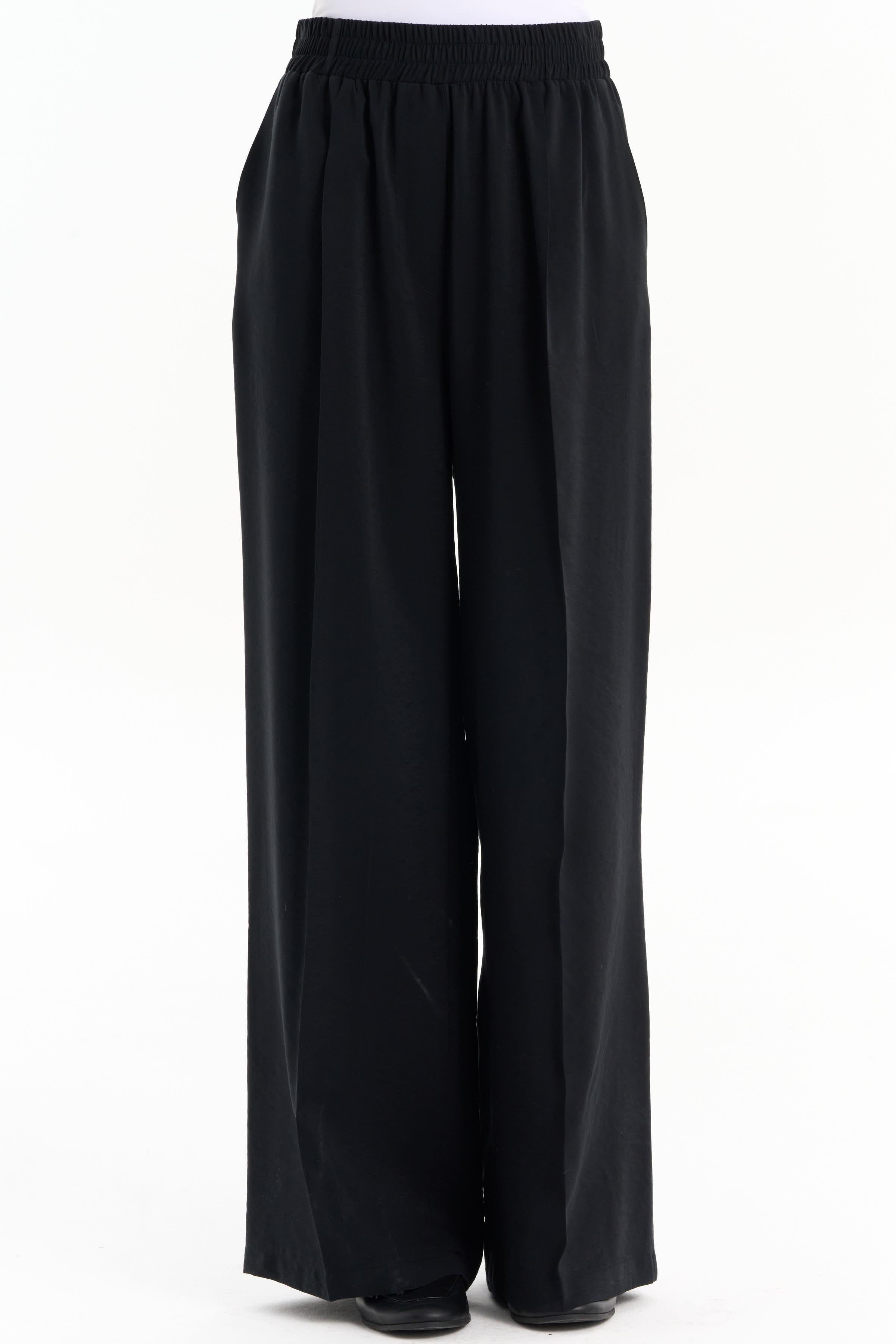 Bel Lastikli Bol Paça Pantolon - Siyah TUGBA