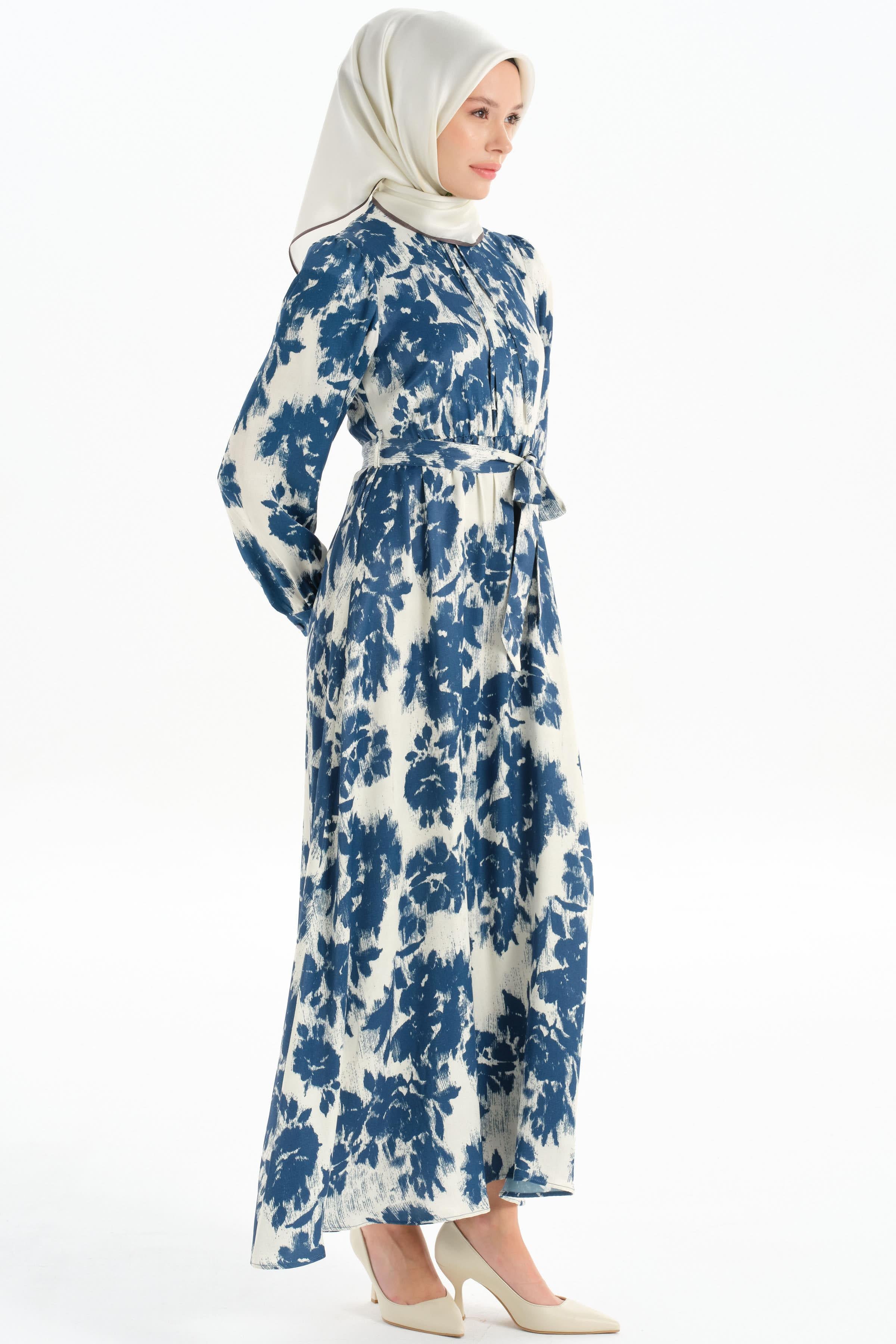 Bel Lastikli Desenli Elbise - Mavi TUGBA