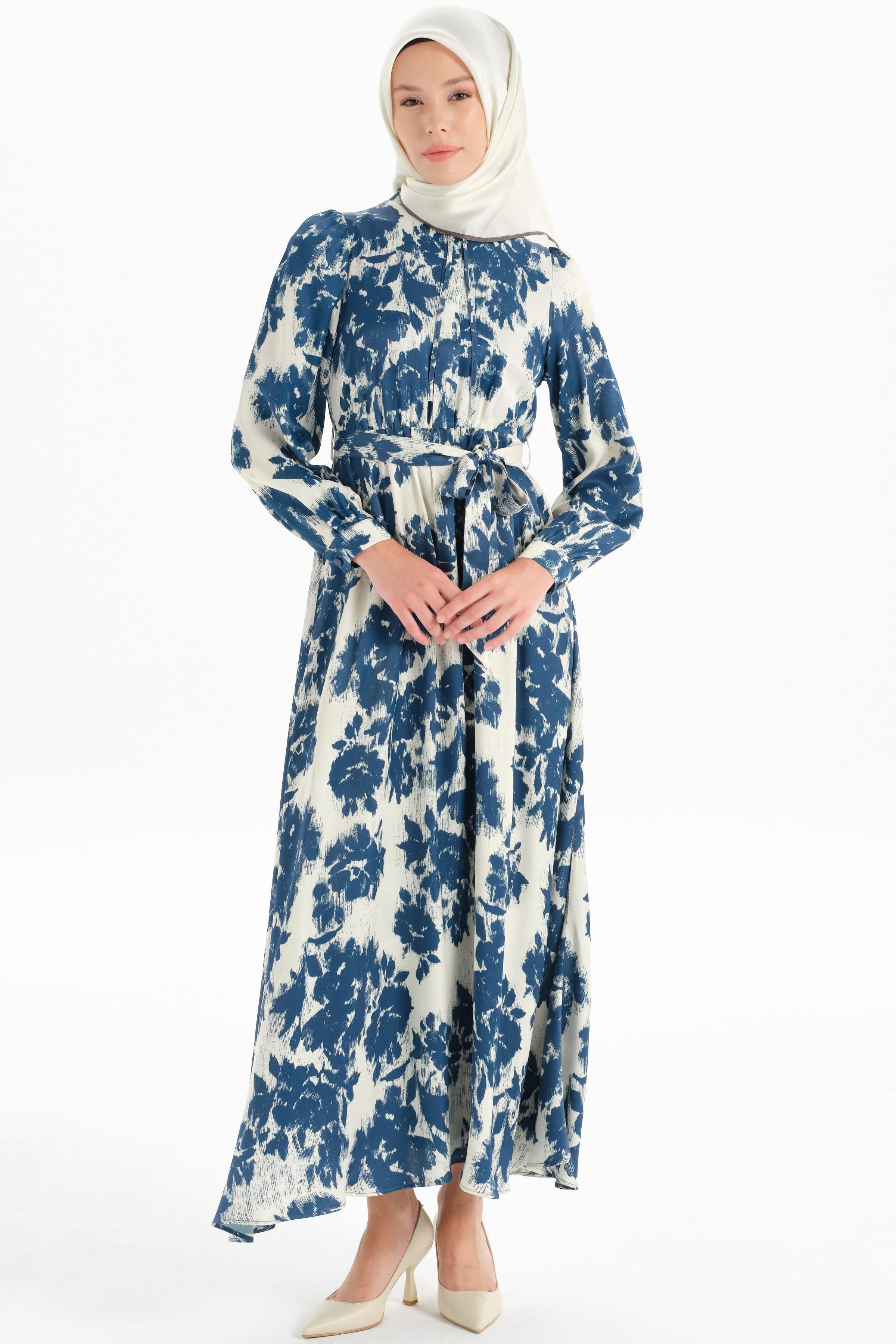 Bel Lastikli Desenli Elbise - Mavi TUGBA