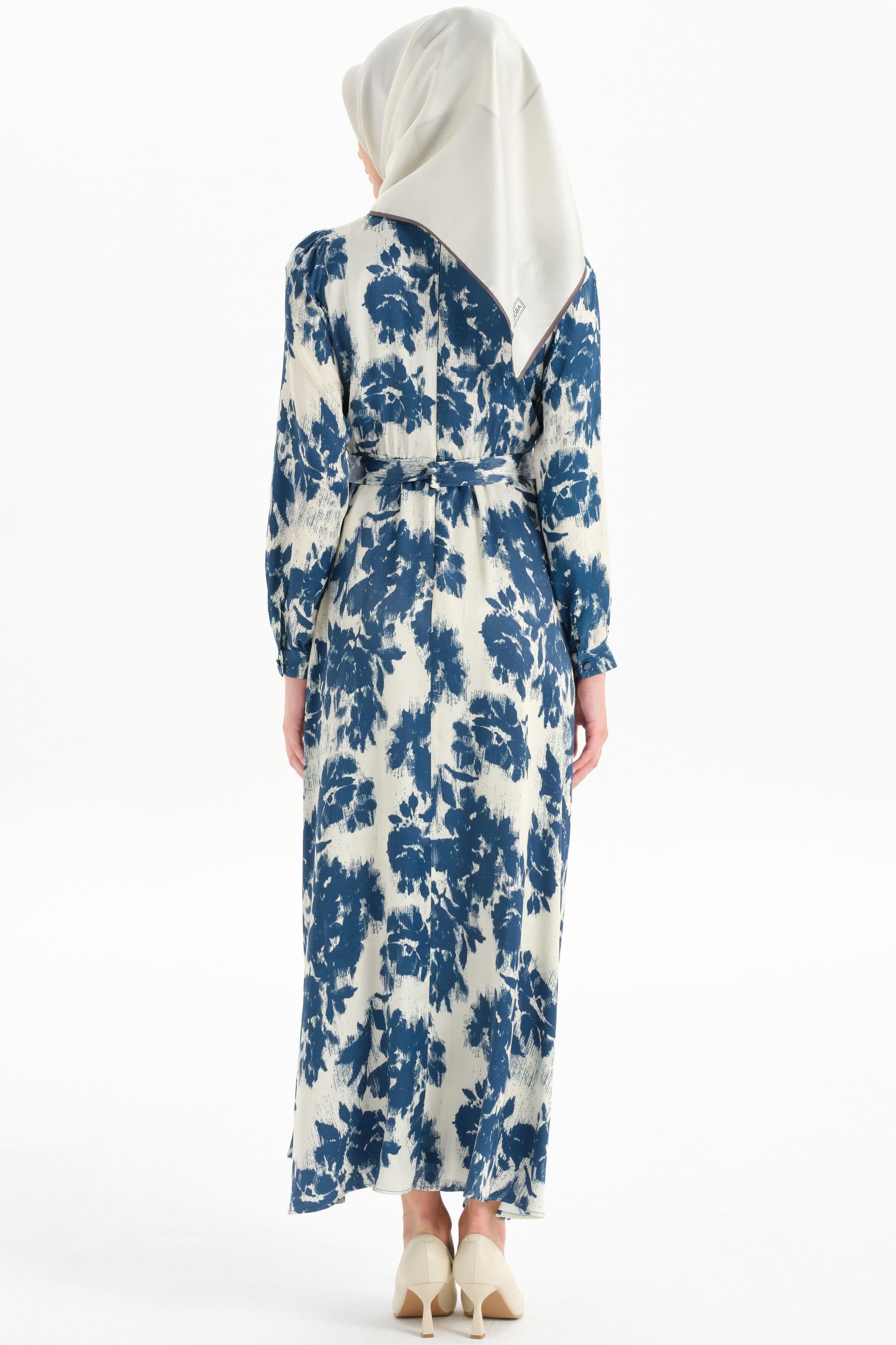 Bel Lastikli Desenli Elbise - Mavi TUGBA