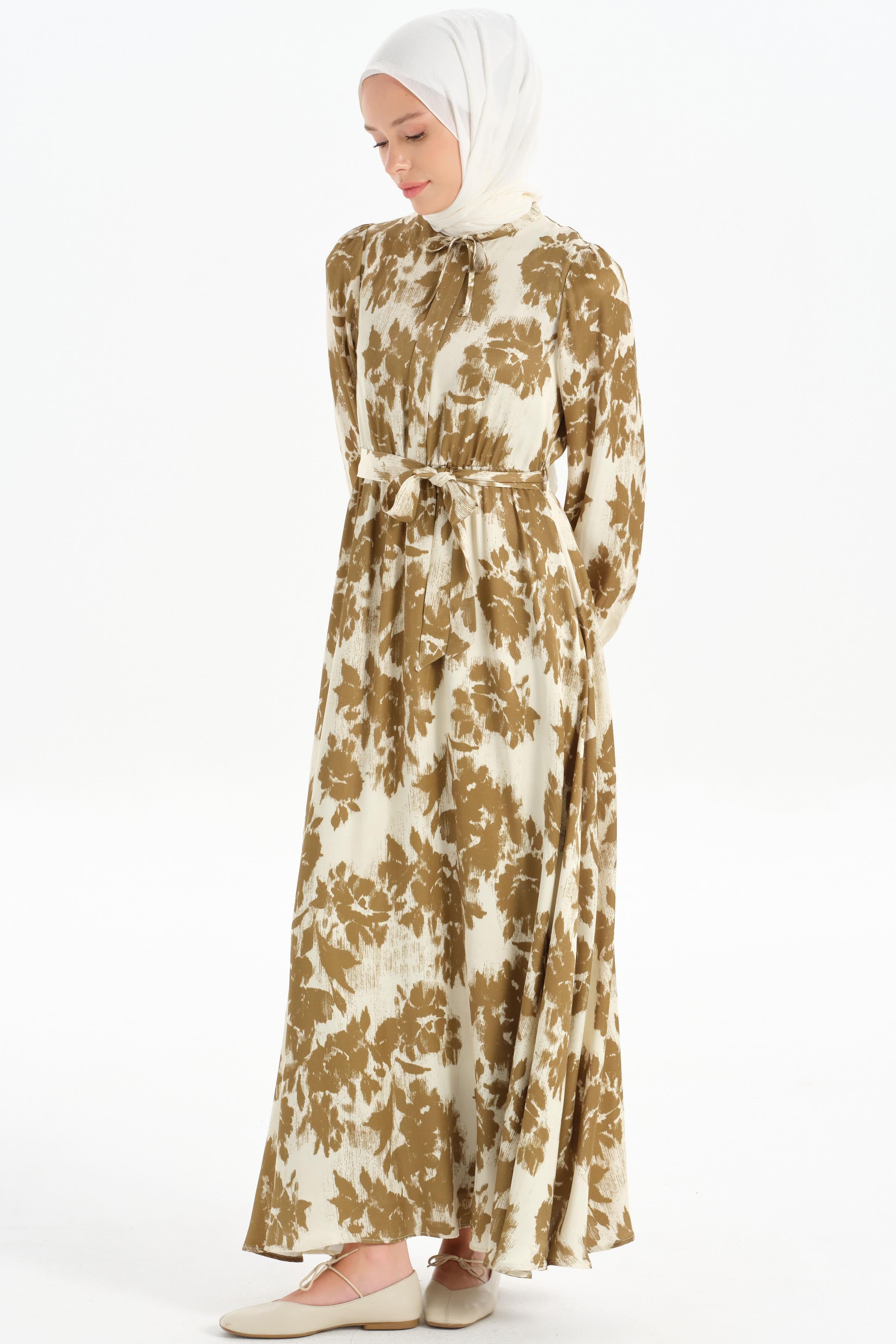 Bel Lastikli Desenli Elbise - Olive TUGBA