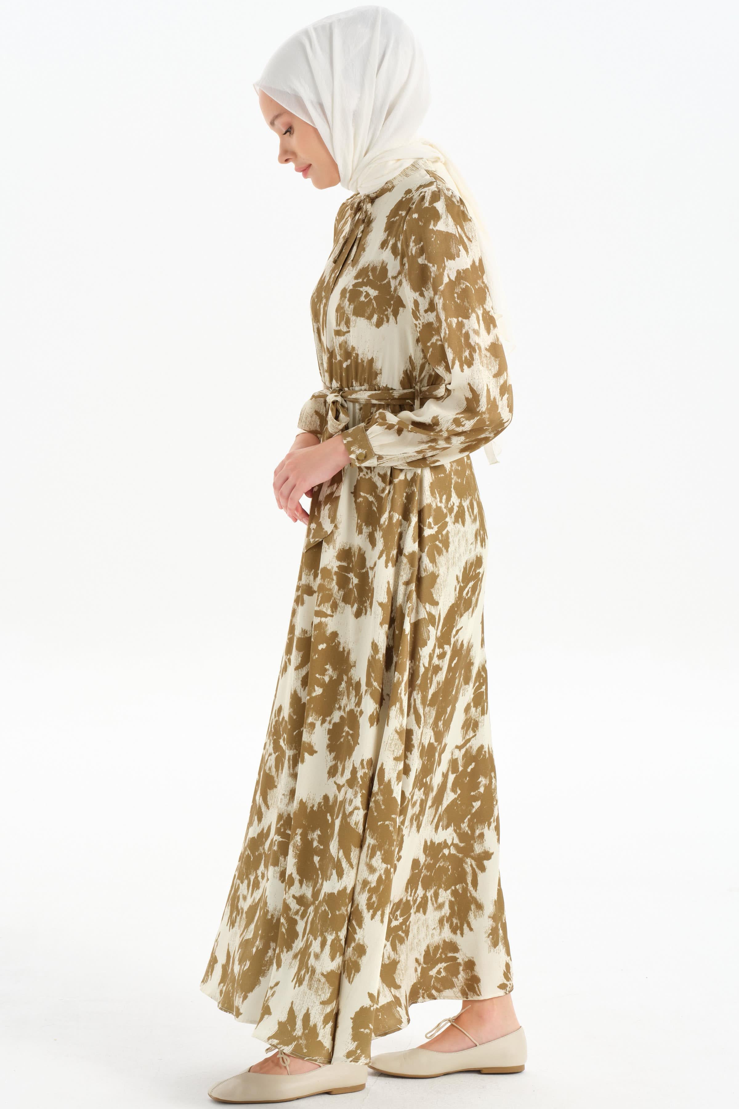 Bel Lastikli Desenli Elbise - Olive TUGBA