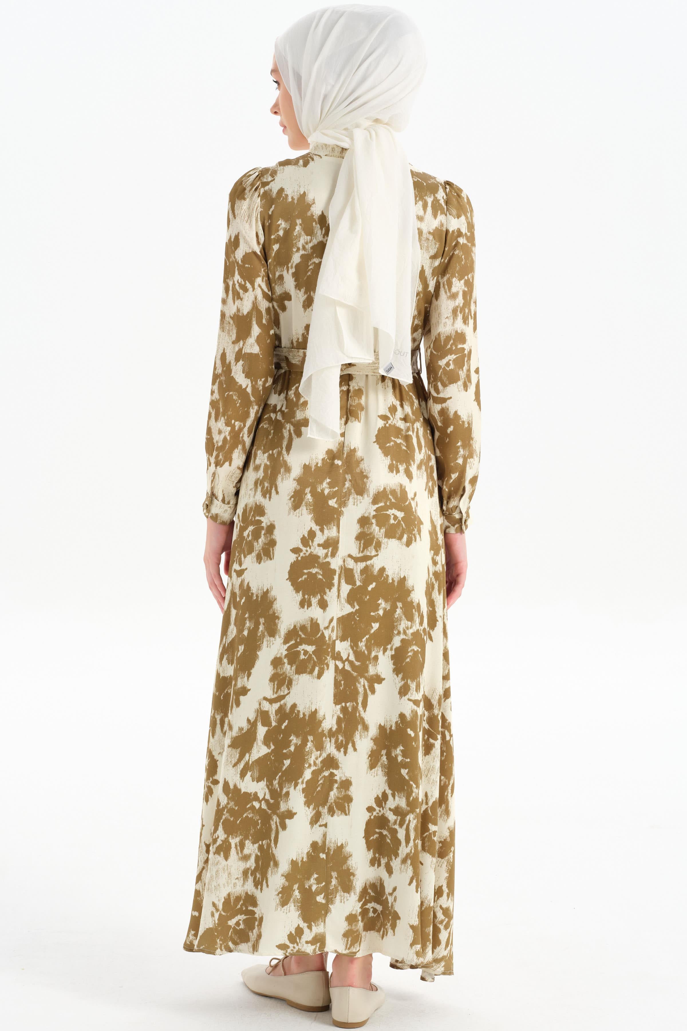 Bel Lastikli Desenli Elbise - Olive TUGBA