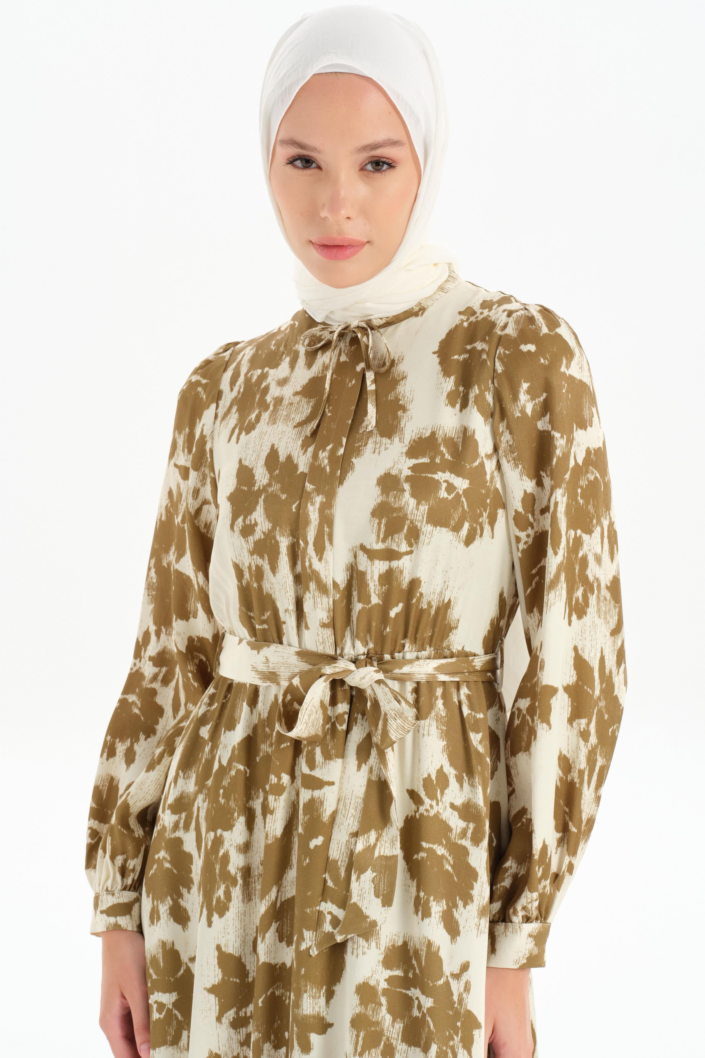 Bel Lastikli Desenli Elbise - Olive TUGBA