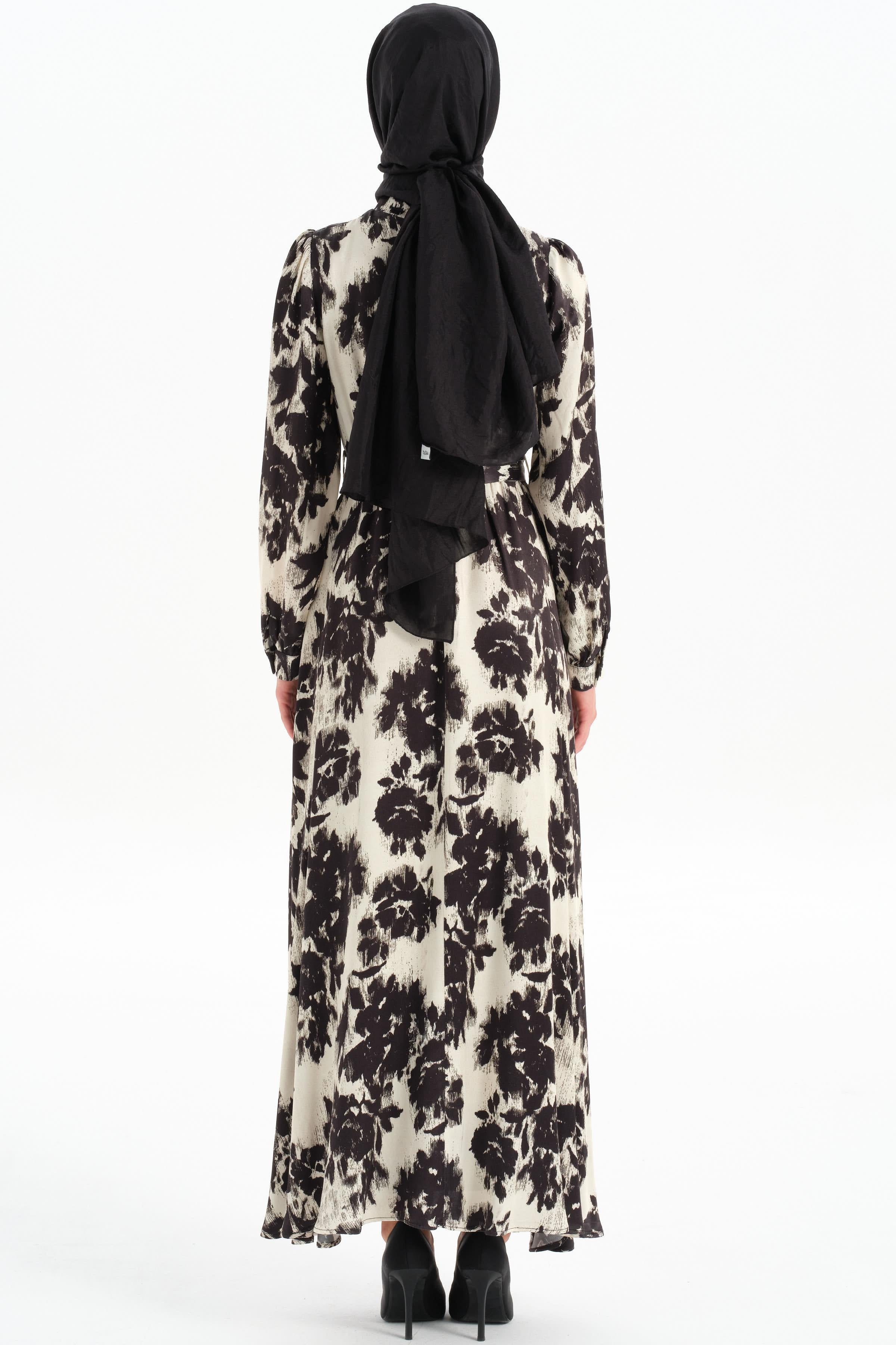 Bel Lastikli Desenli Elbise - Siyah TUGBA