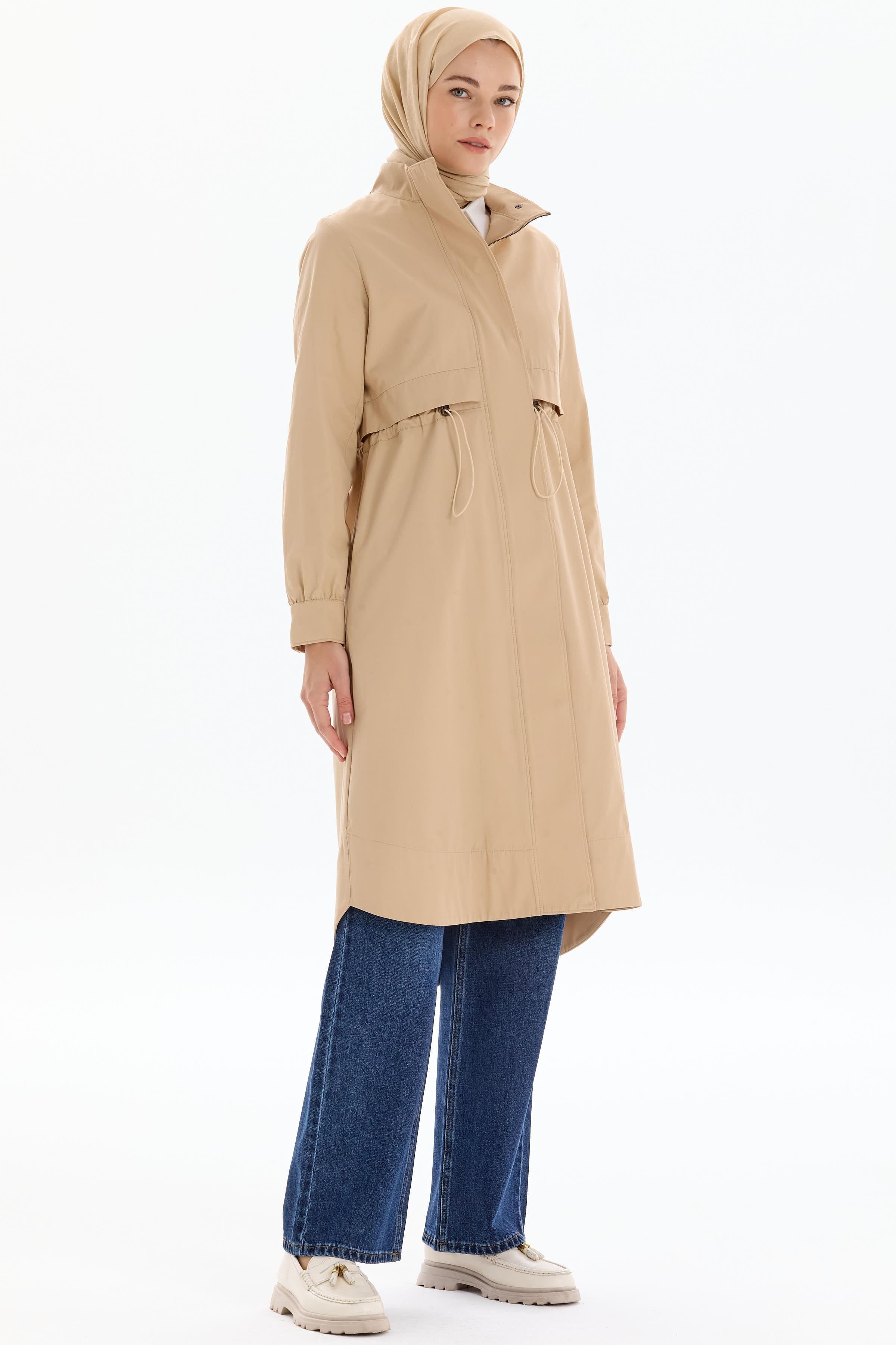 Bel Lastikli Fermuar Kapamalı Trençkot - Bej TUGBA