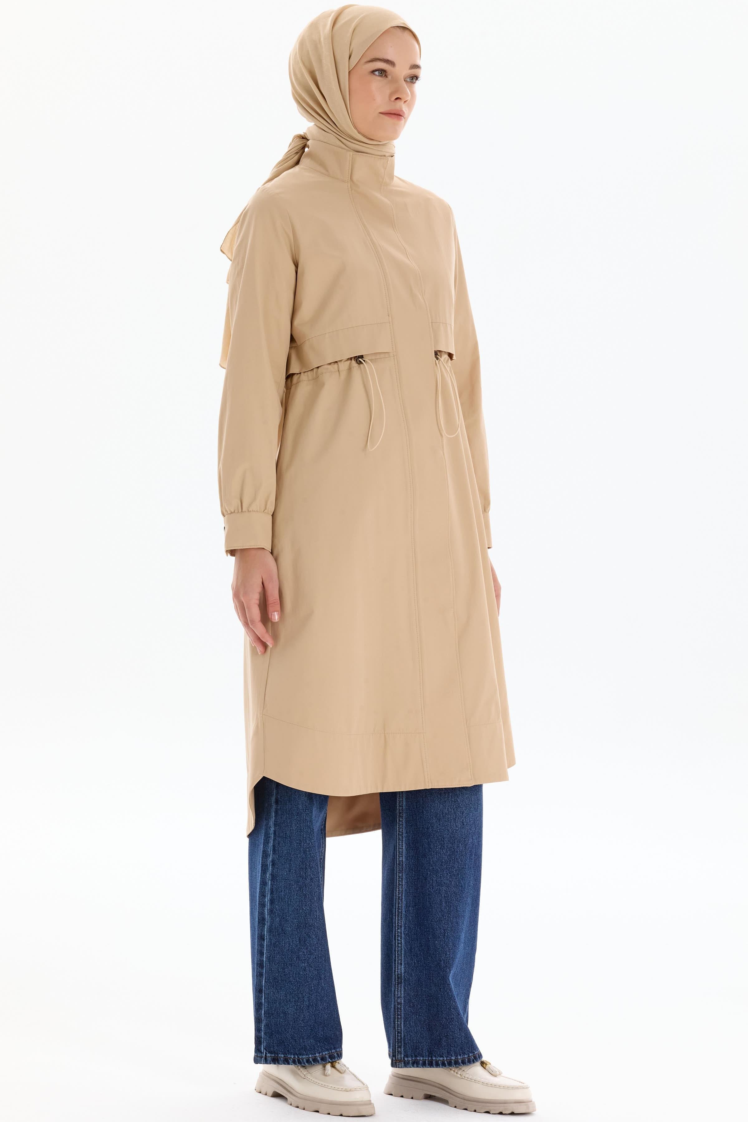 Bel Lastikli Fermuar Kapamalı Trençkot - Bej TUGBA