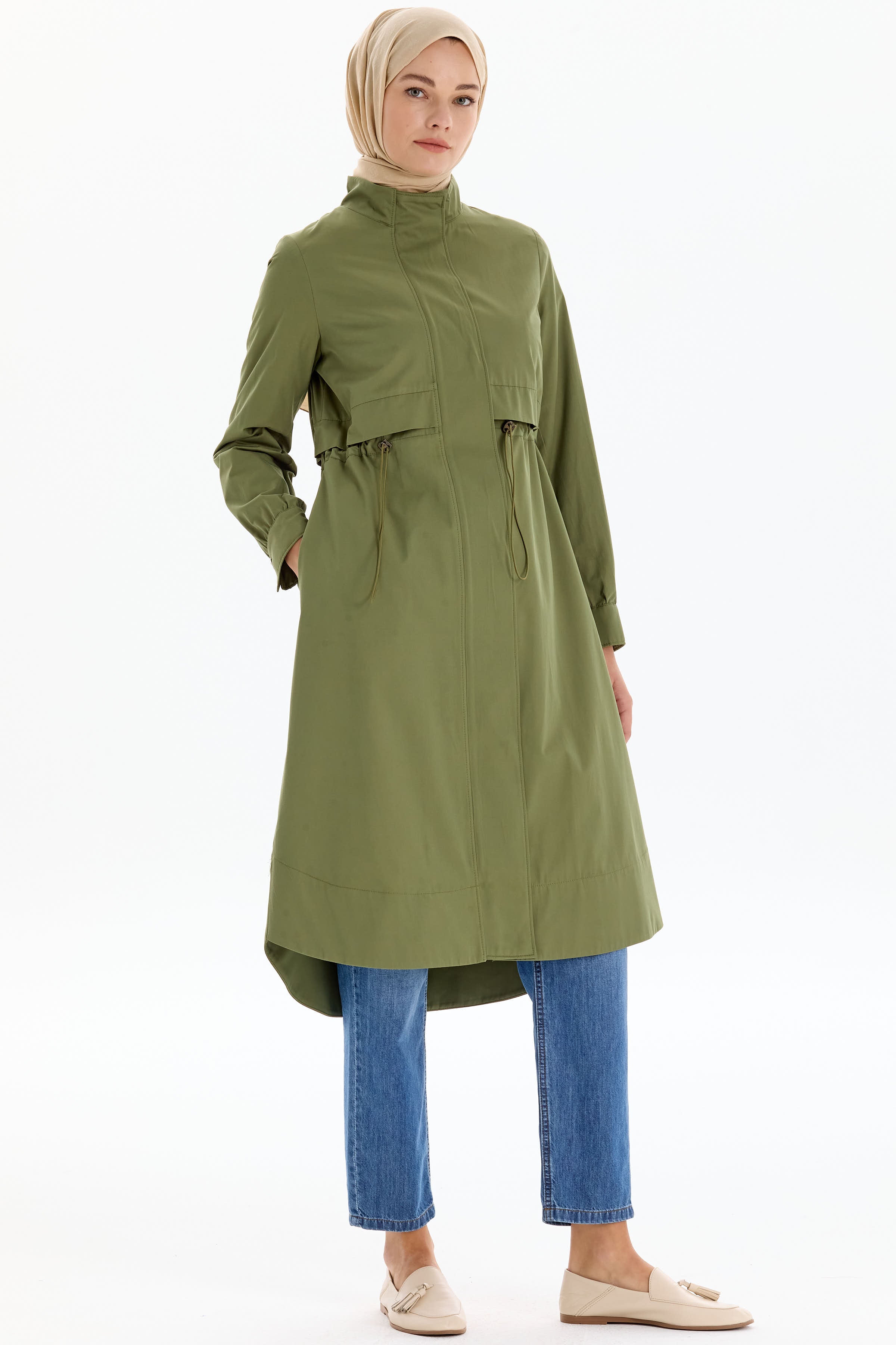 Bel Lastikli Fermuar Kapamalı Trençkot - Haki TUGBA