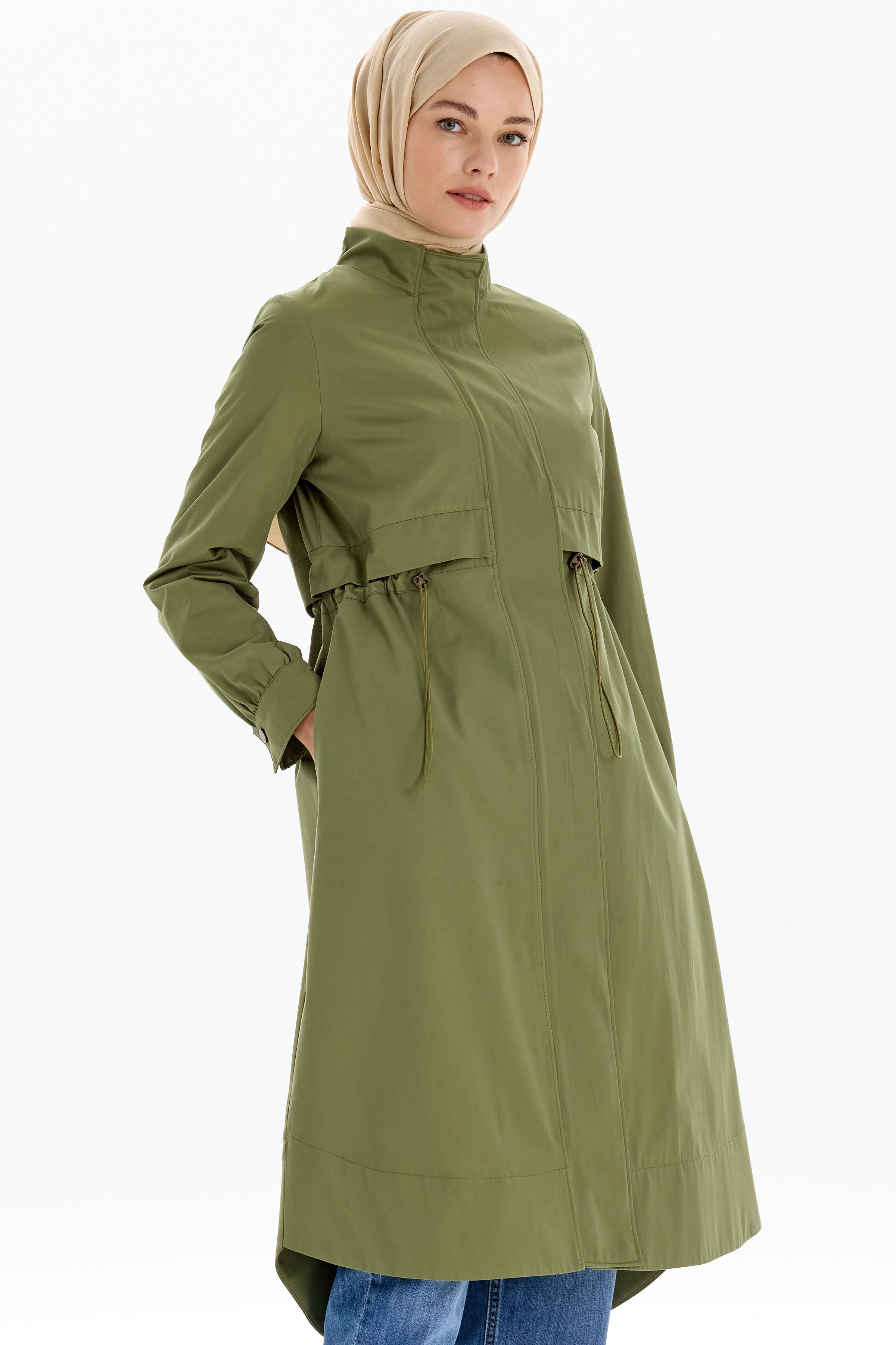 Bel Lastikli Fermuar Kapamalı Trençkot - Haki TUGBA