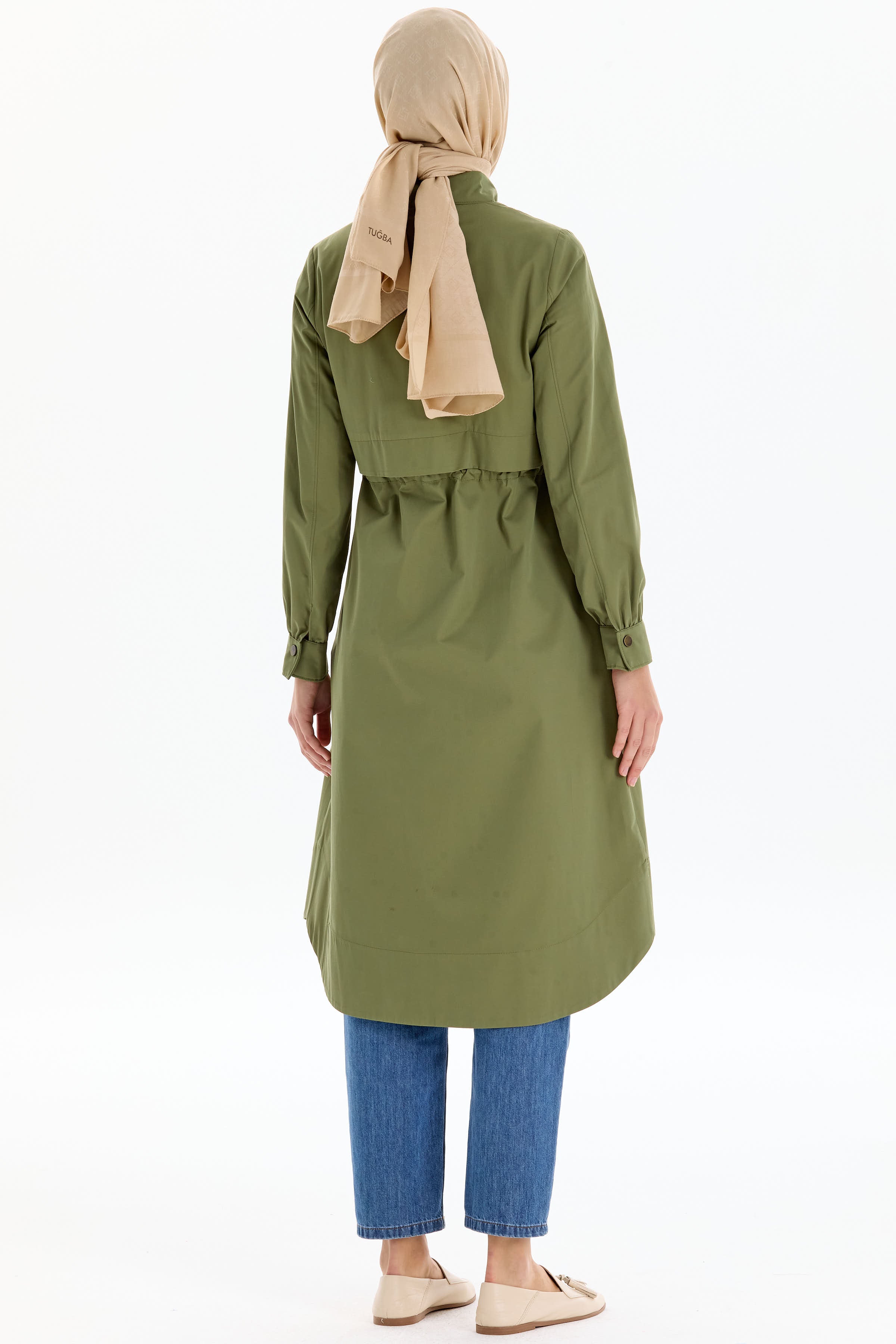 Bel Lastikli Fermuar Kapamalı Trençkot - Haki TUGBA