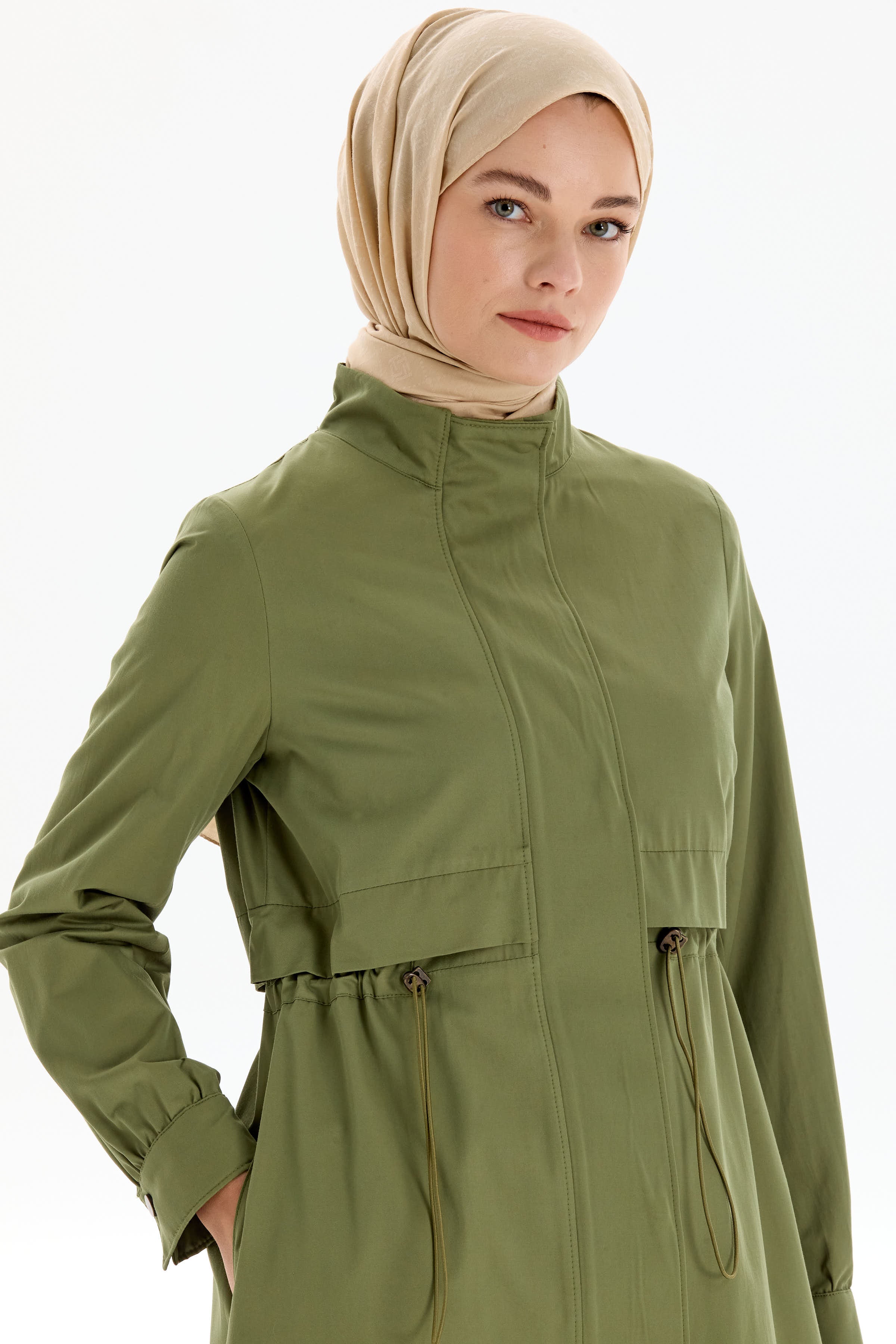 Bel Lastikli Fermuar Kapamalı Trençkot - Haki TUGBA