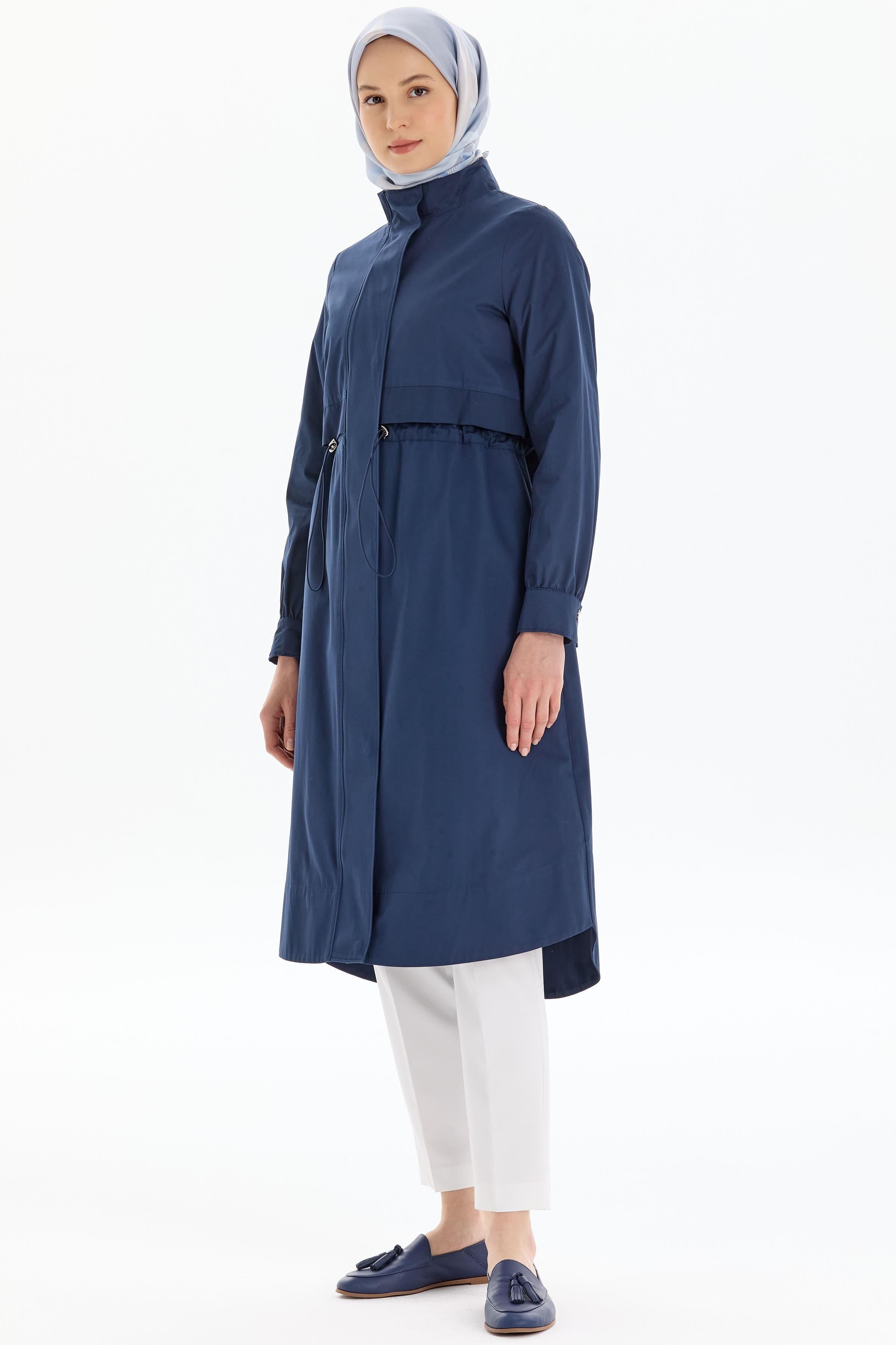 Bel Lastikli Fermuar Kapamalı Trençkot - Lacivert TUGBA