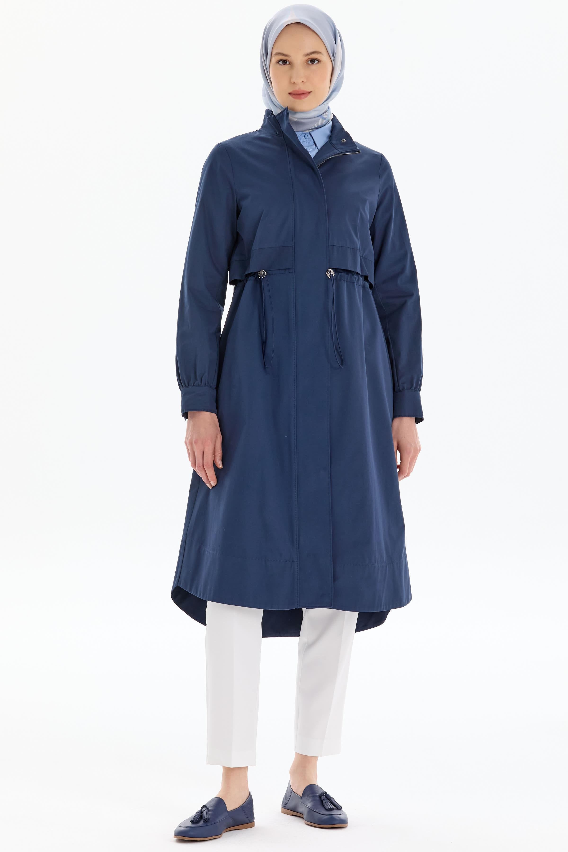 Bel Lastikli Fermuar Kapamalı Trençkot - Lacivert TUGBA