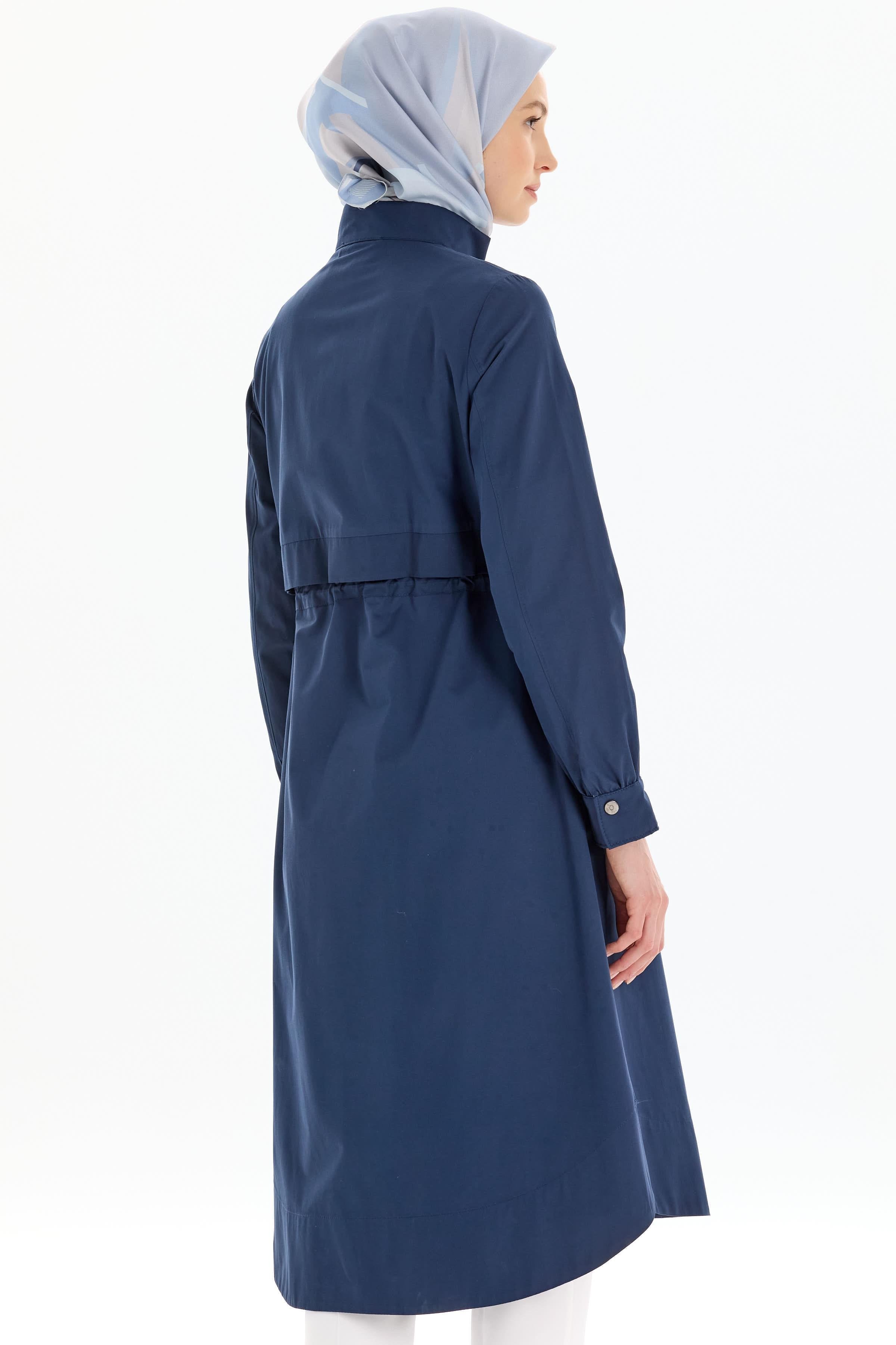 Bel Lastikli Fermuar Kapamalı Trençkot - Lacivert TUGBA