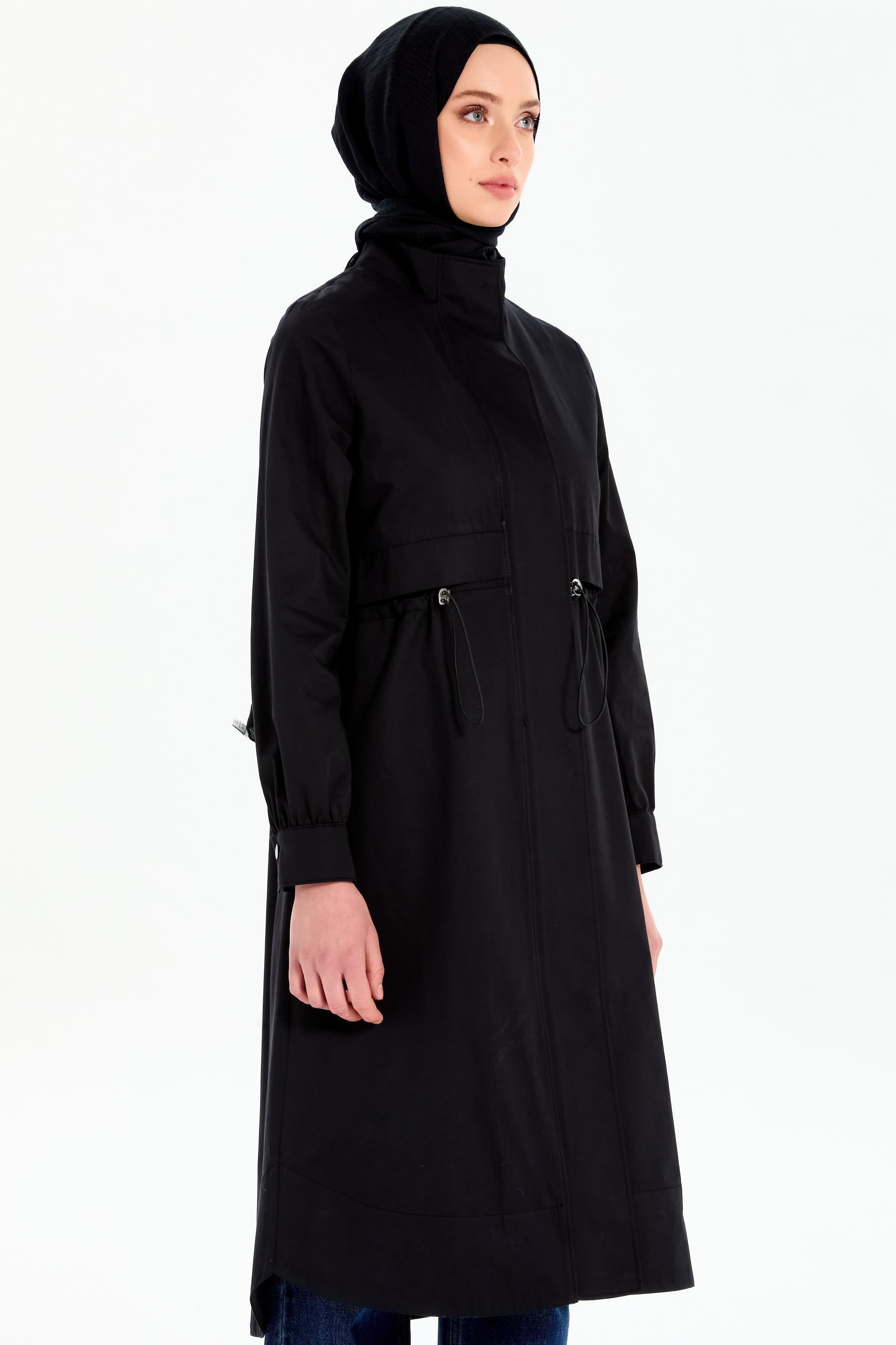 Bel Lastikli Fermuar Kapamalı Trençkot - Siyah TUGBA