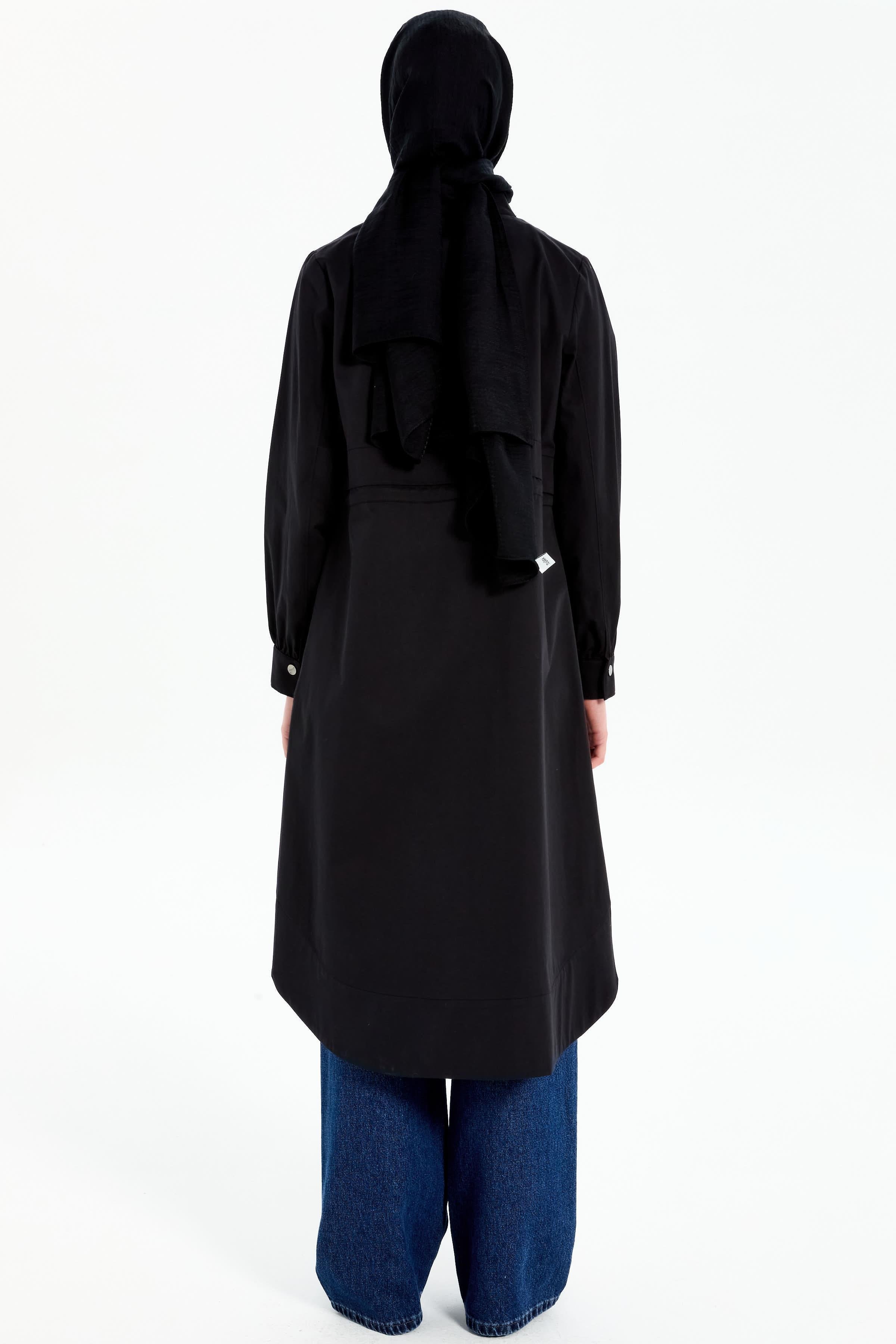 Bel Lastikli Fermuar Kapamalı Trençkot - Siyah TUGBA