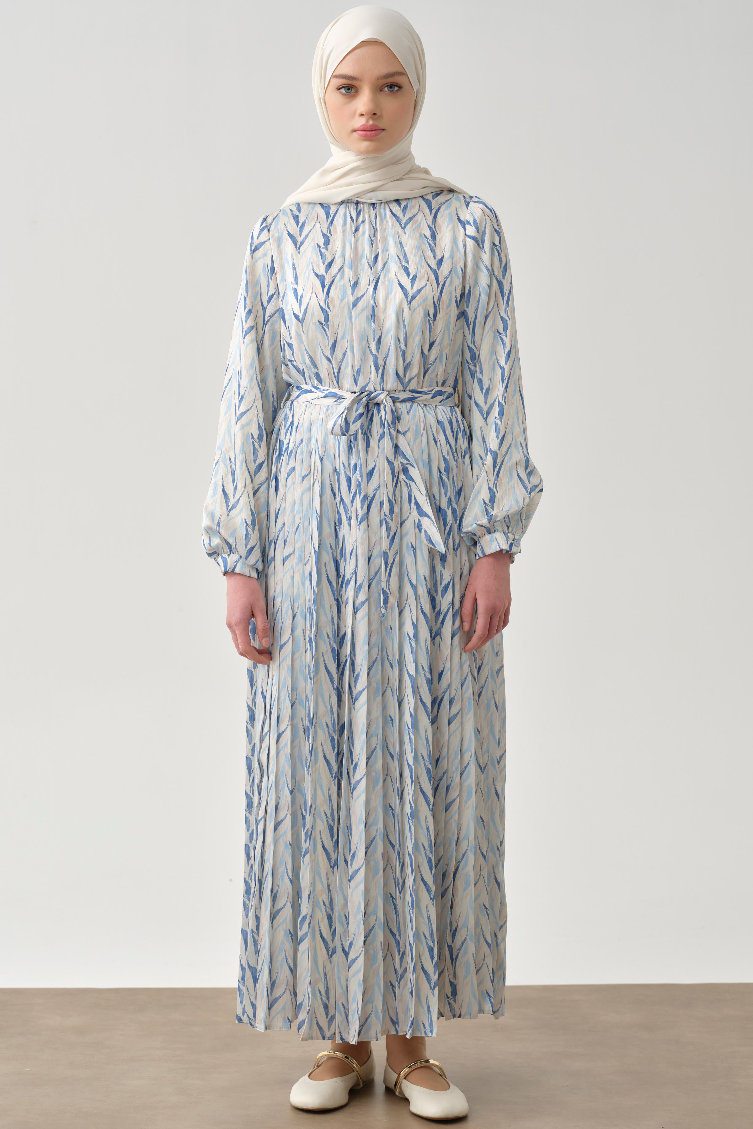 Bel Lastikli Pliseli Desenli Elbise - Açık Mavi TUGBA