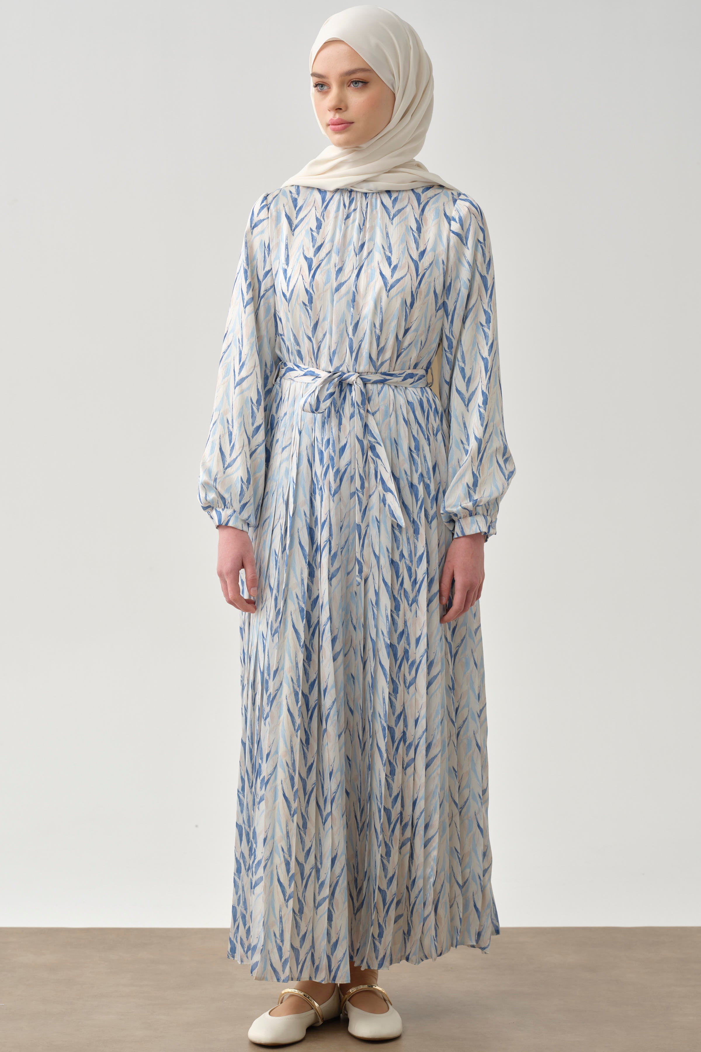 Bel Lastikli Pliseli Desenli Elbise - Açık Mavi TUGBA