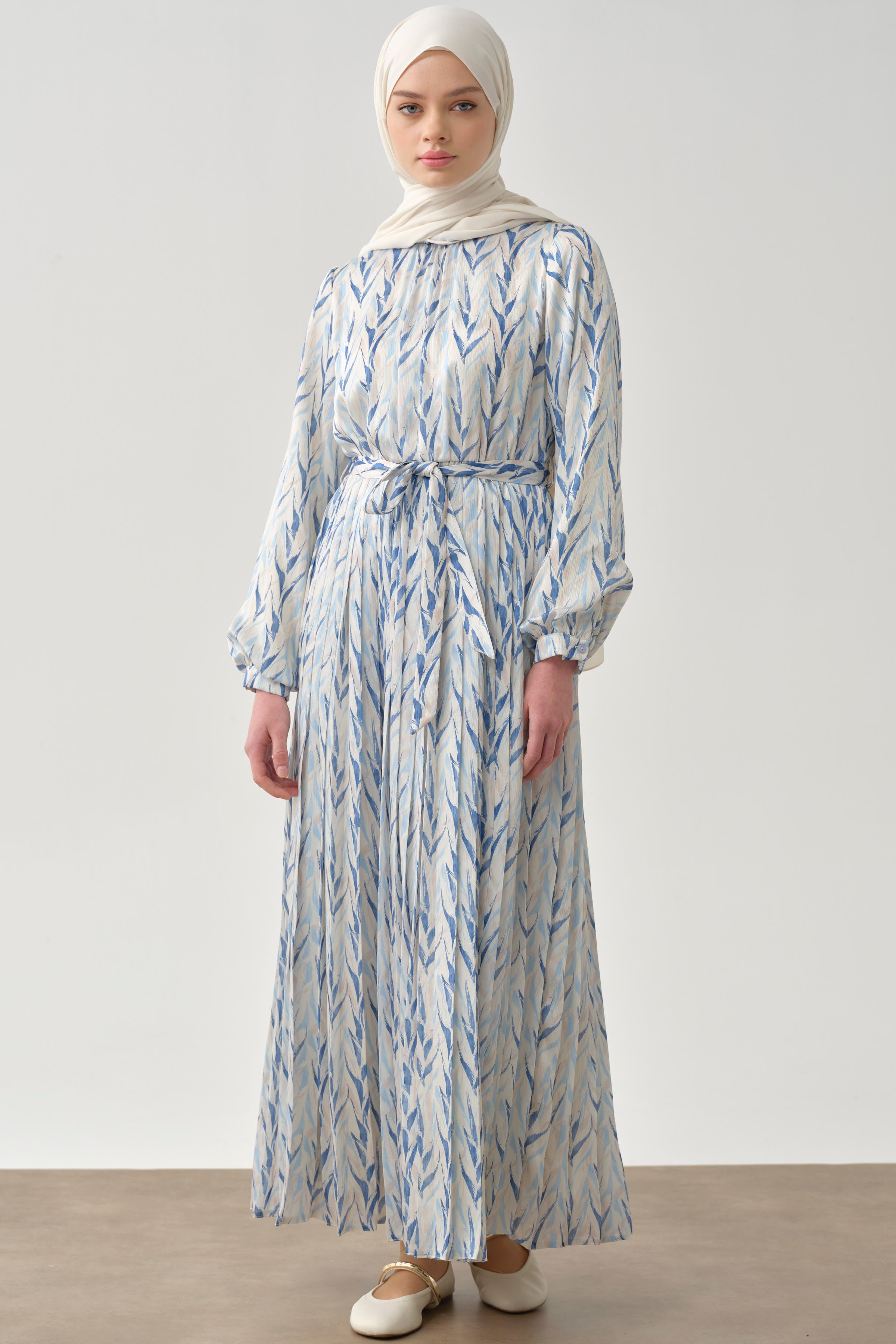 Bel Lastikli Pliseli Desenli Elbise - Açık Mavi TUGBA