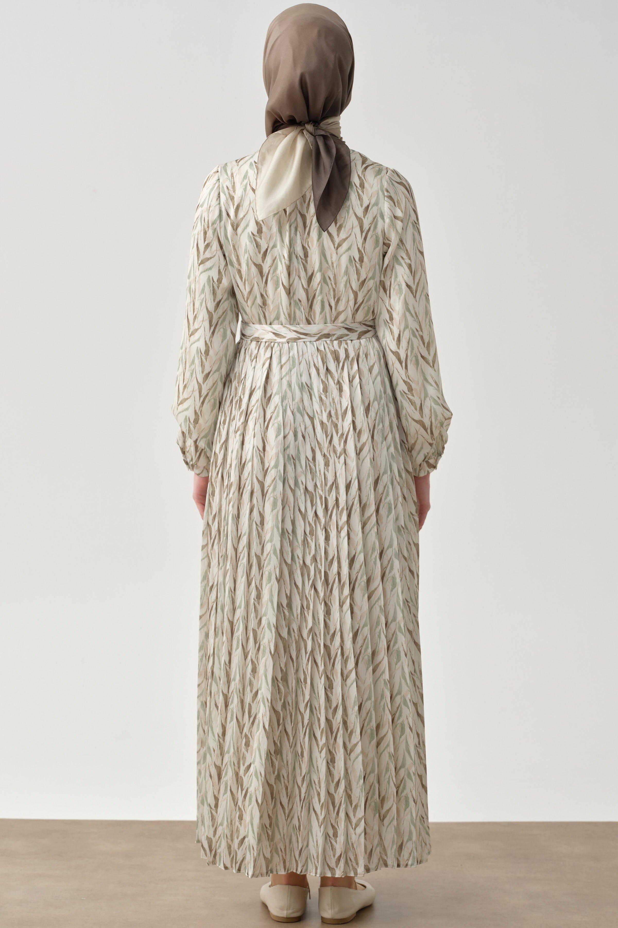 Bel Lastikli Pliseli Desenli Elbise - Haki TUGBA