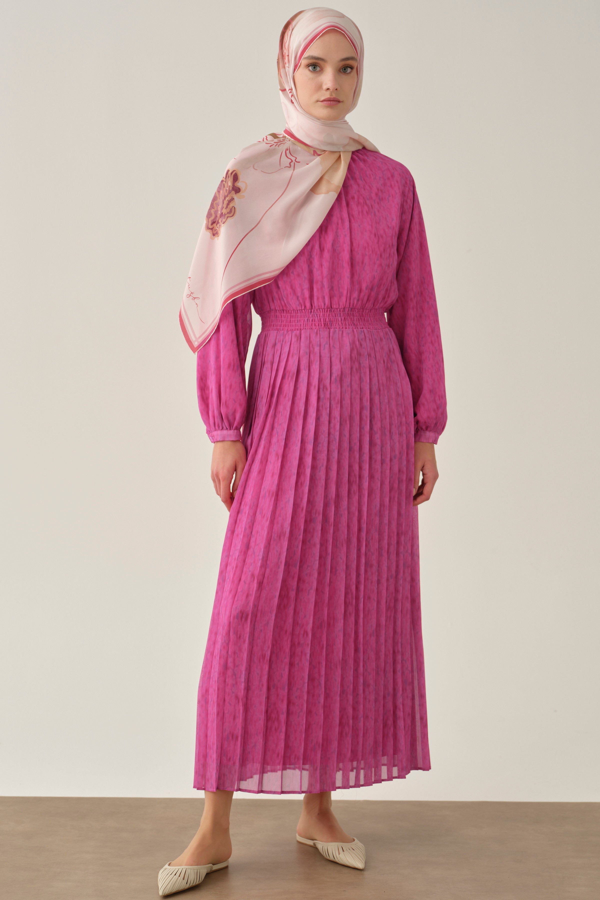 Bel Lastikli Pliseli Elbise - Fuşya TUGBA