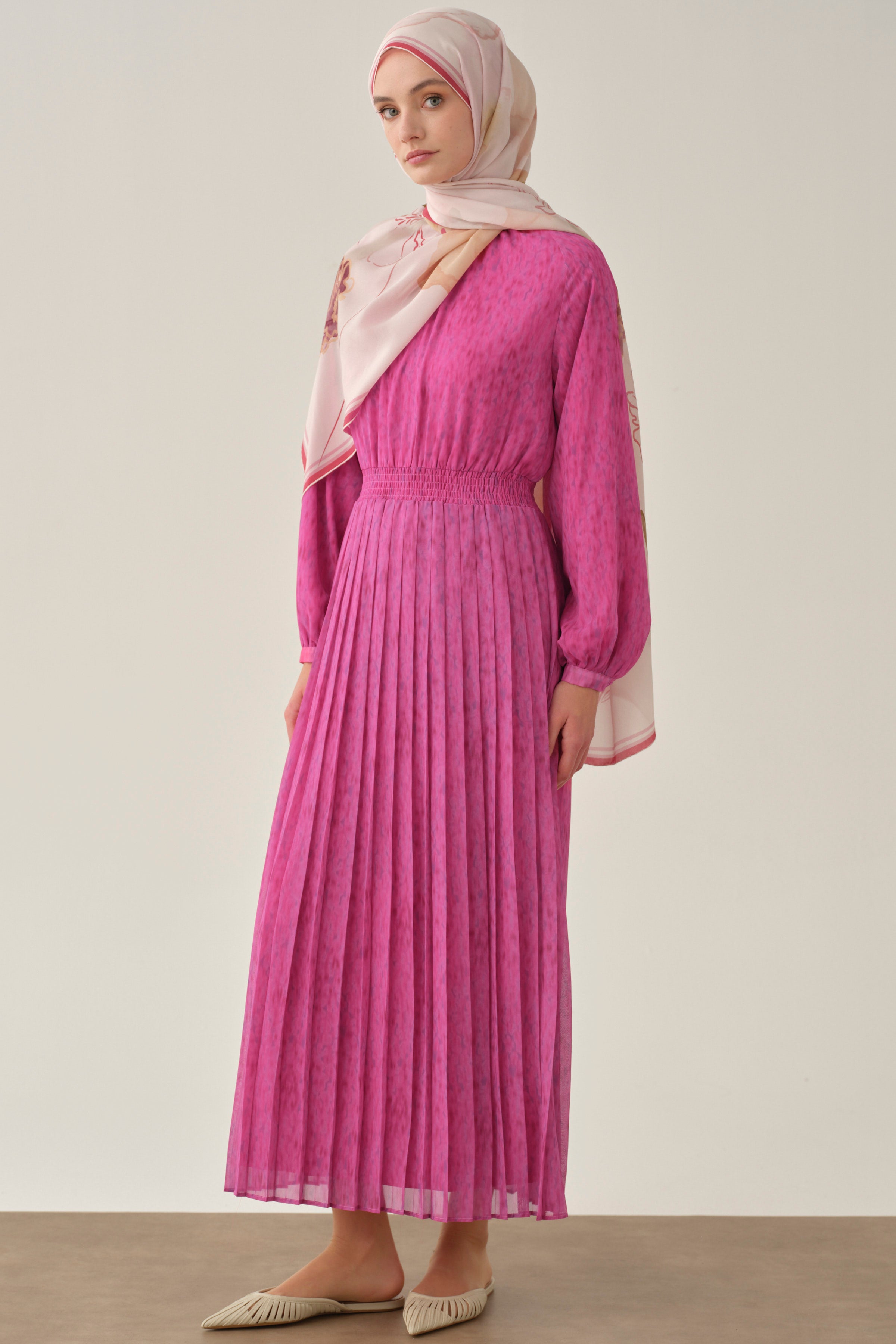 Bel Lastikli Pliseli Elbise - Fuşya TUGBA