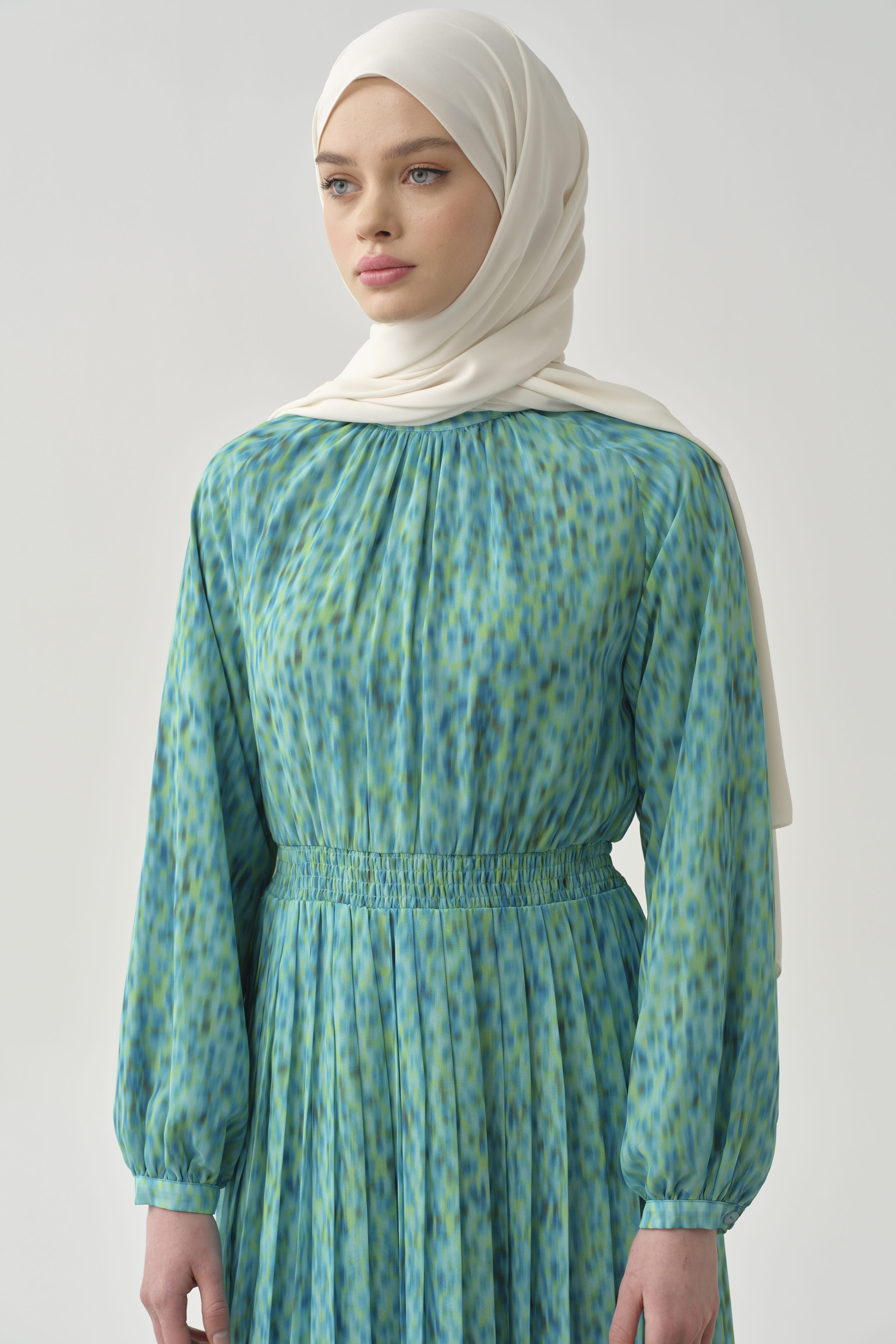 Bel Lastikli Pliseli Elbise - Mavi TUGBA